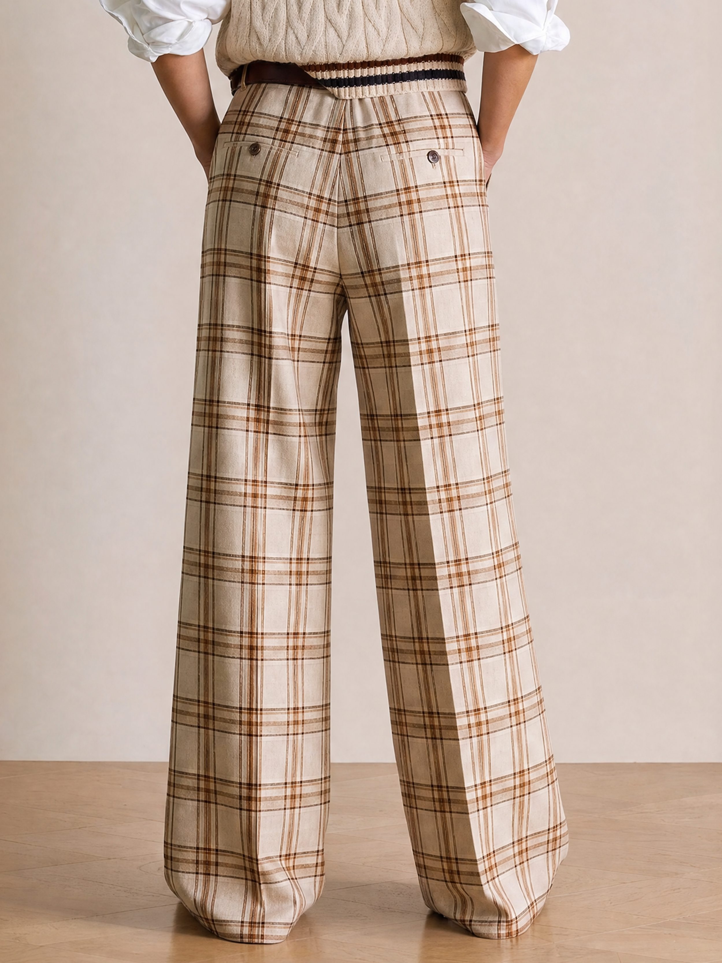 Elegant Beige & Coffee Brown Plaid High-Waisted Wide-Leg Trousers