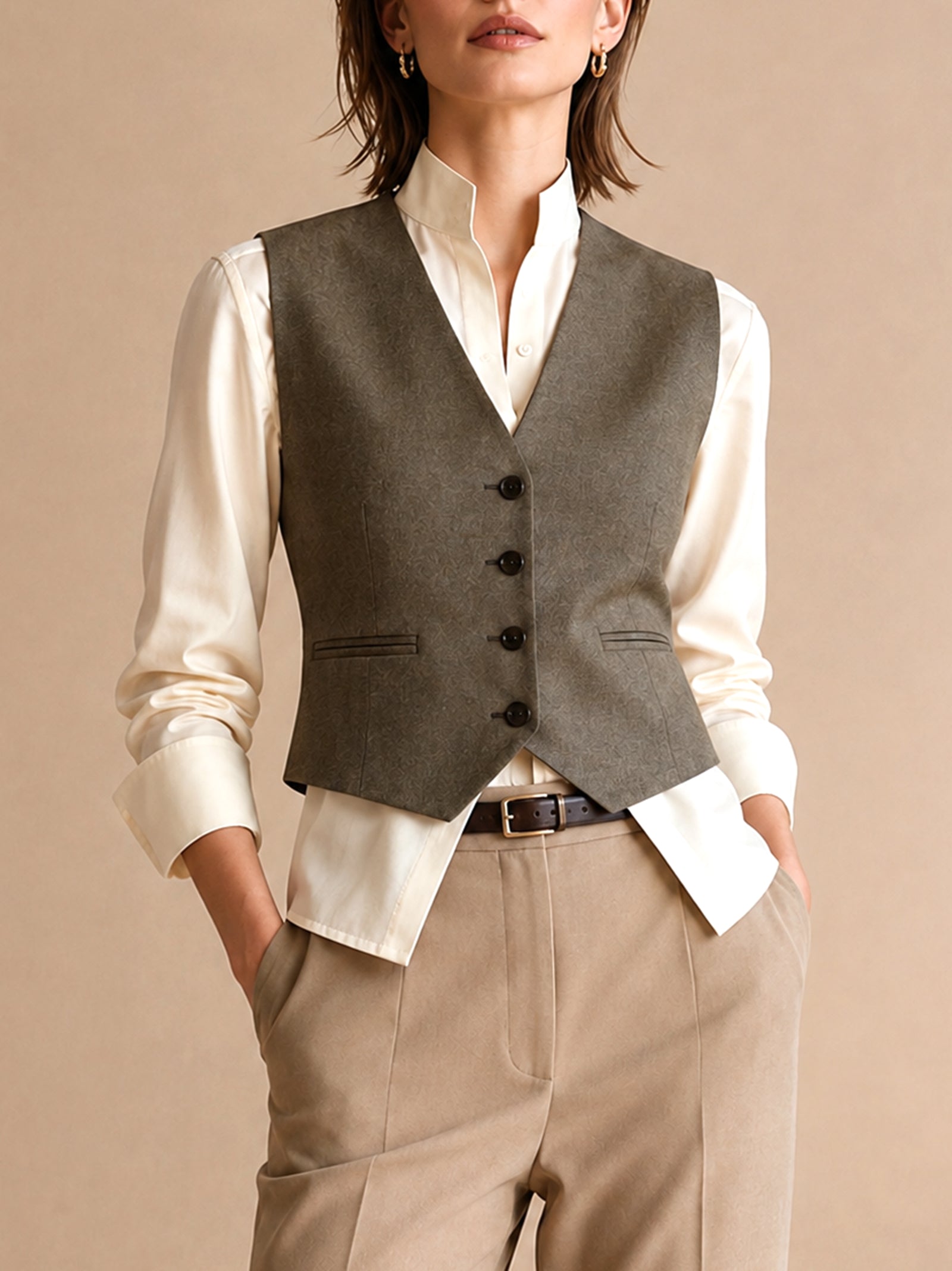 Two-piece Set: White Satin Shirt And Grey Vest