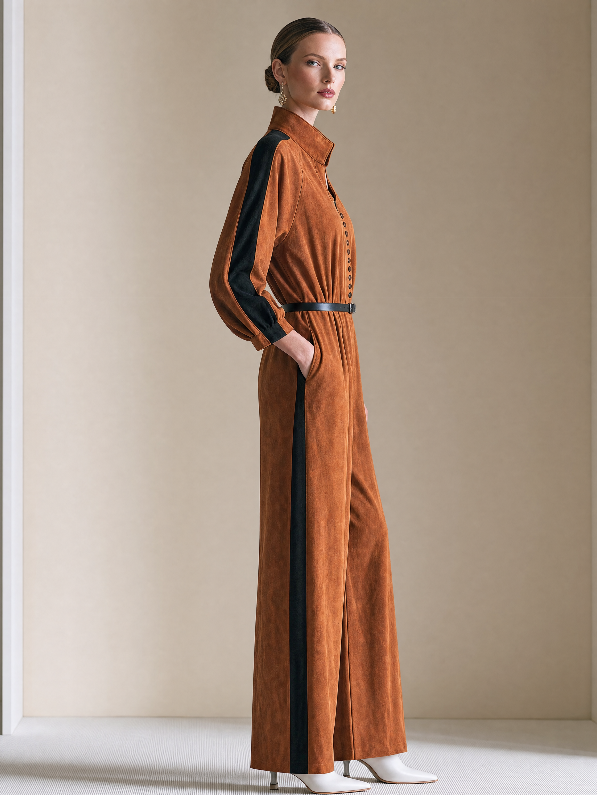 Elegant Cognac Brown & Black Contrast Suede Belted Wide-Leg Jumpsuit