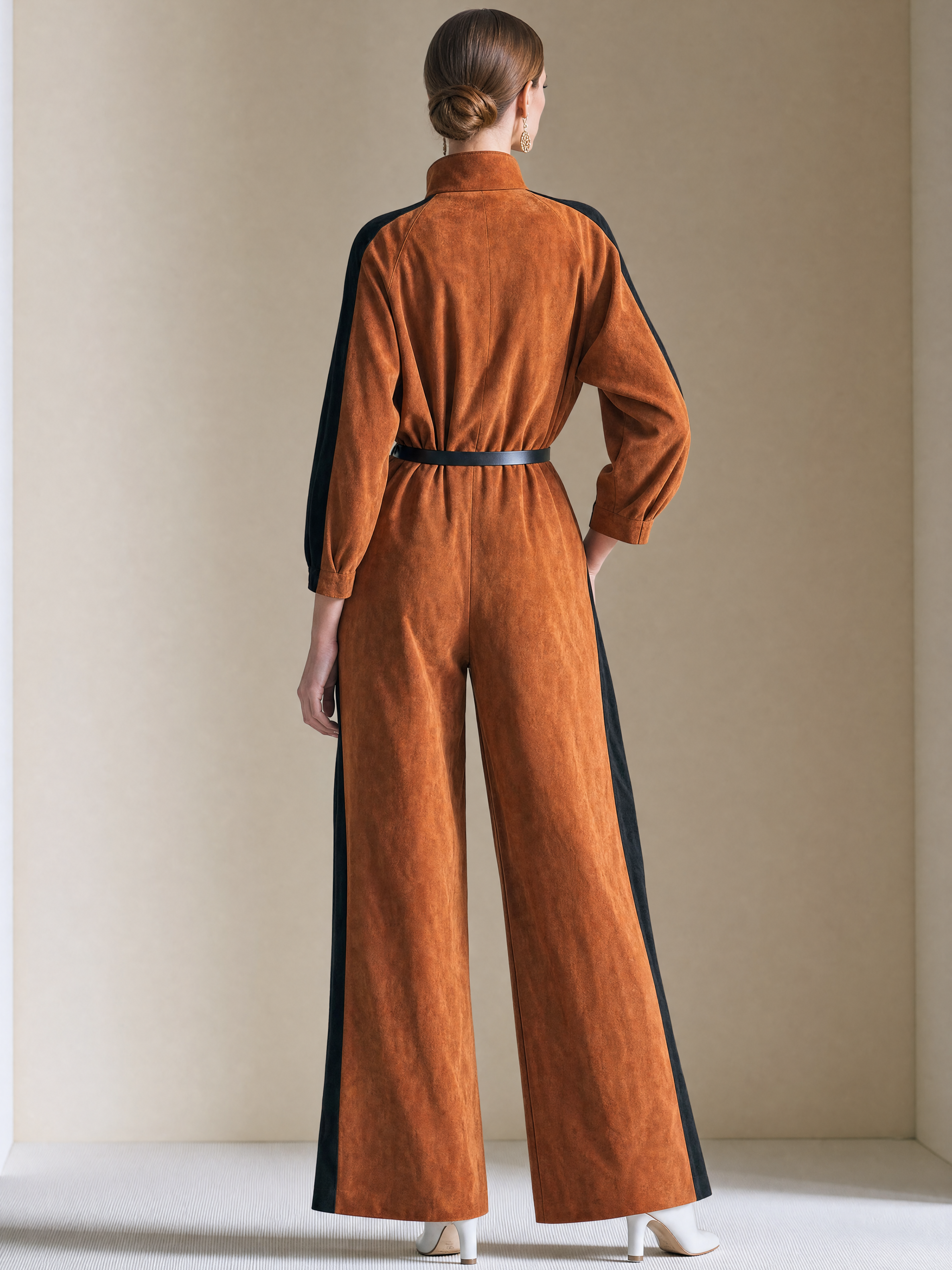 Elegant Cognac Brown & Black Contrast Suede Belted Wide-Leg Jumpsuit