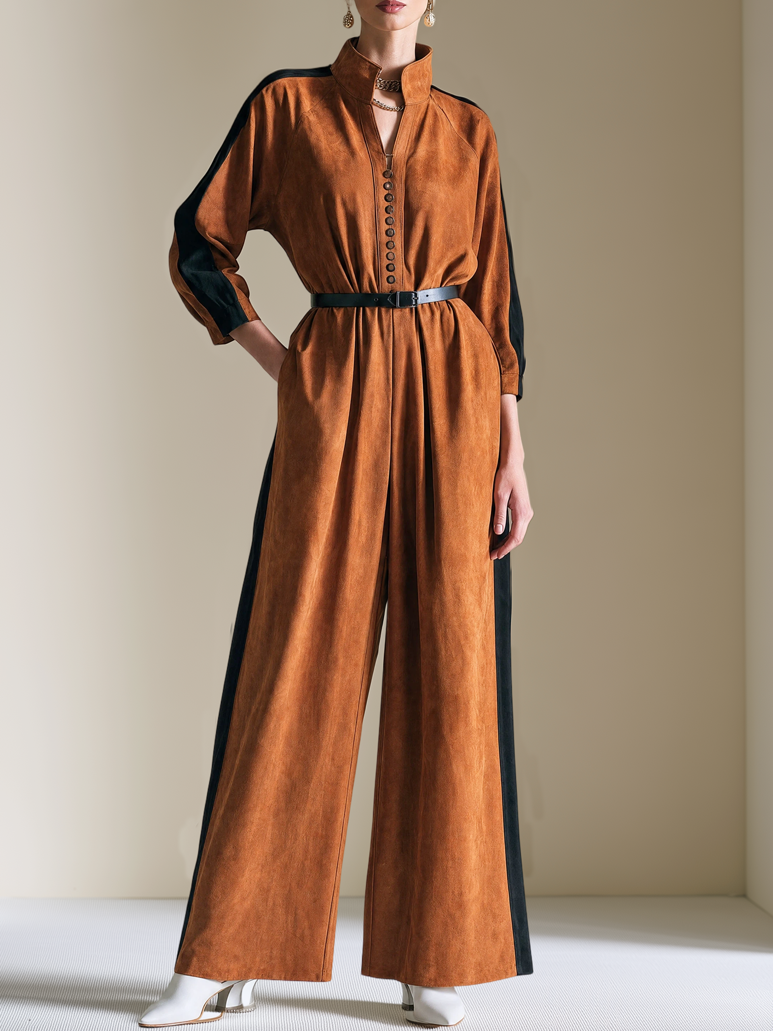 Elegant Cognac Brown & Black Contrast Suede Belted Wide-Leg Jumpsuit