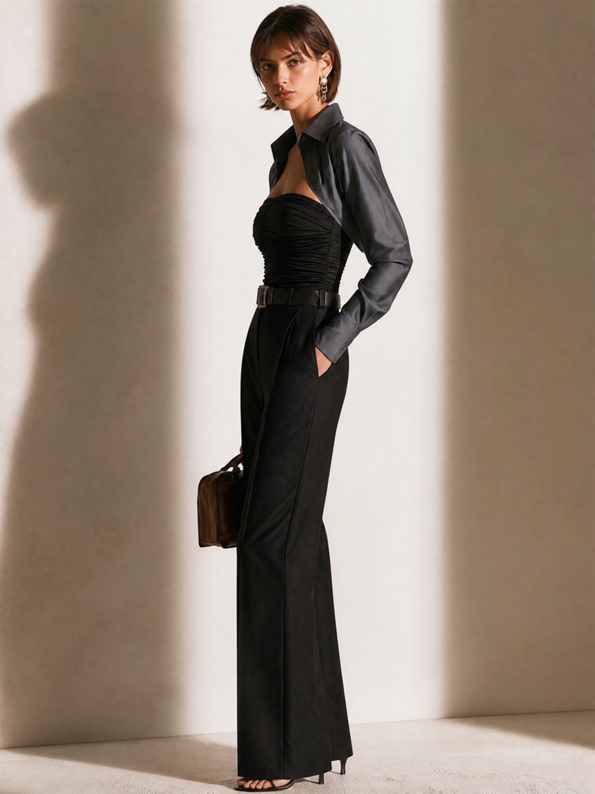 Elegant Collared Ruched Bandeau Long Sleeve Jumpsuit