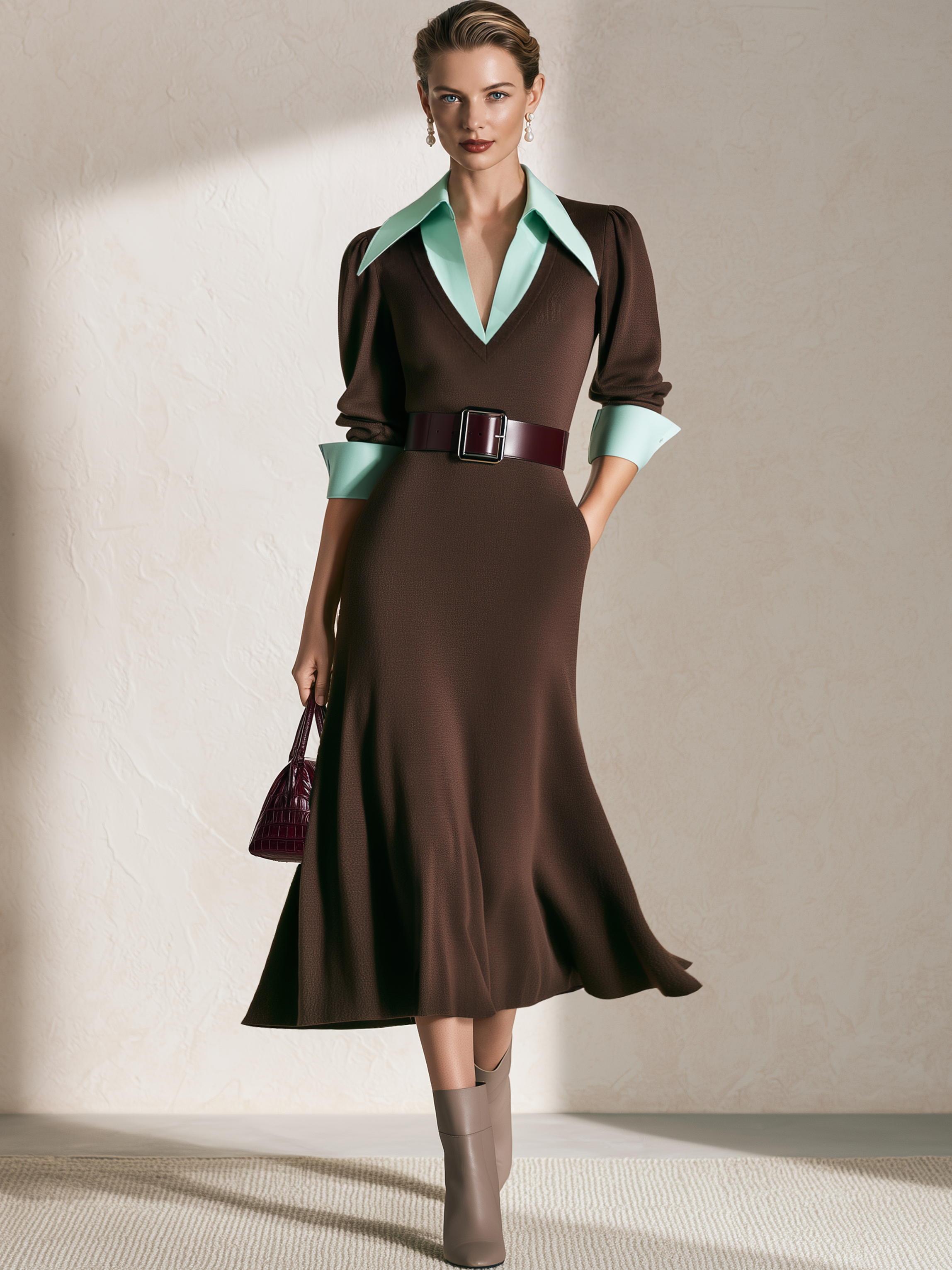 Color‑Block Collar Faux‑Two‑Piece Waisted Knit Midi Dress