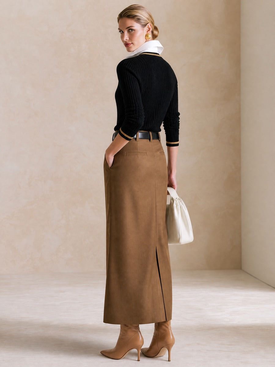 Elegant V‑Neck Gold‑Trim Knit Top & Taupe Midi Skirt Two‑Piece Set