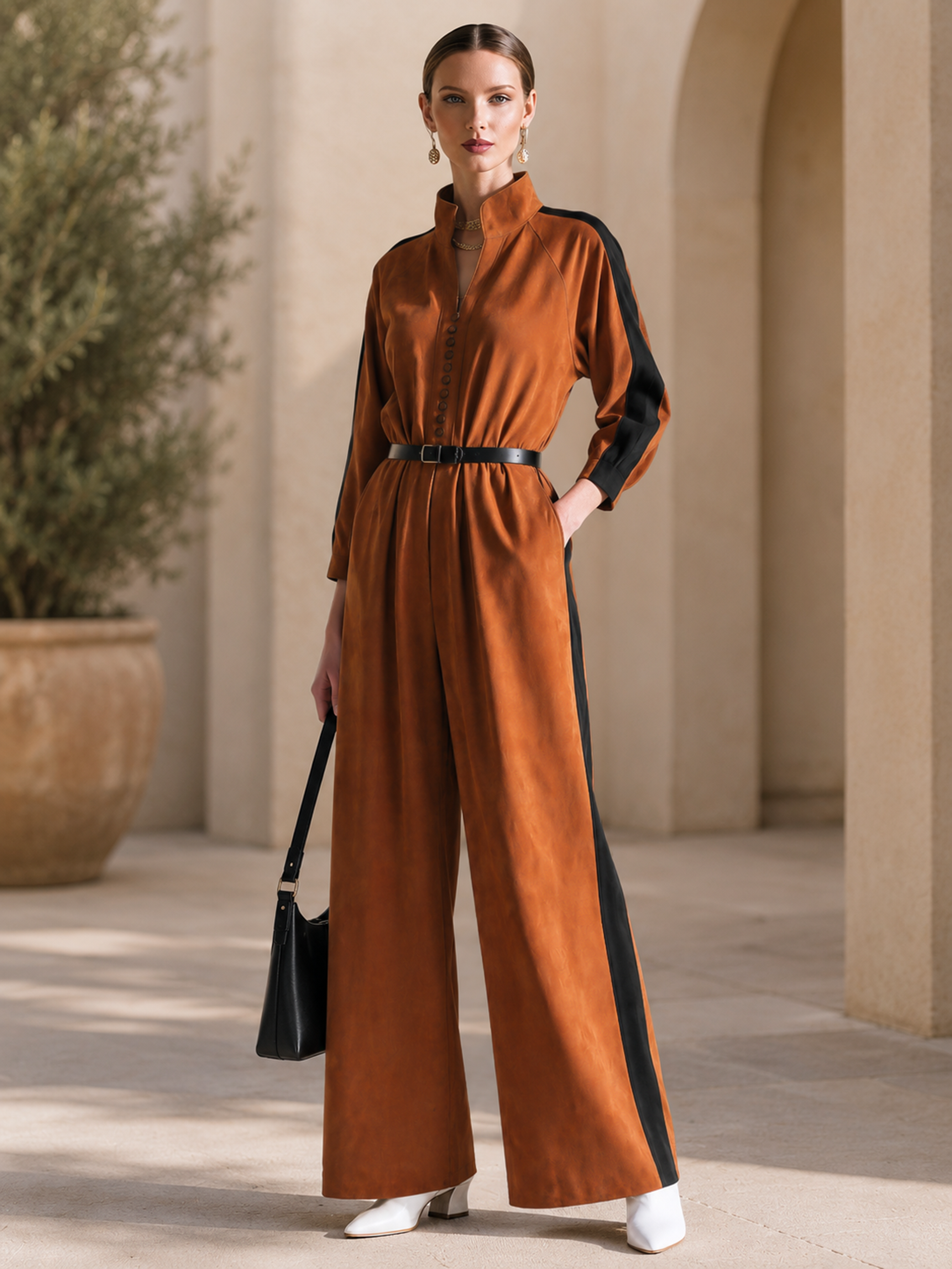 Elegant Cognac Brown & Black Contrast Suede Belted Wide-Leg Jumpsuit