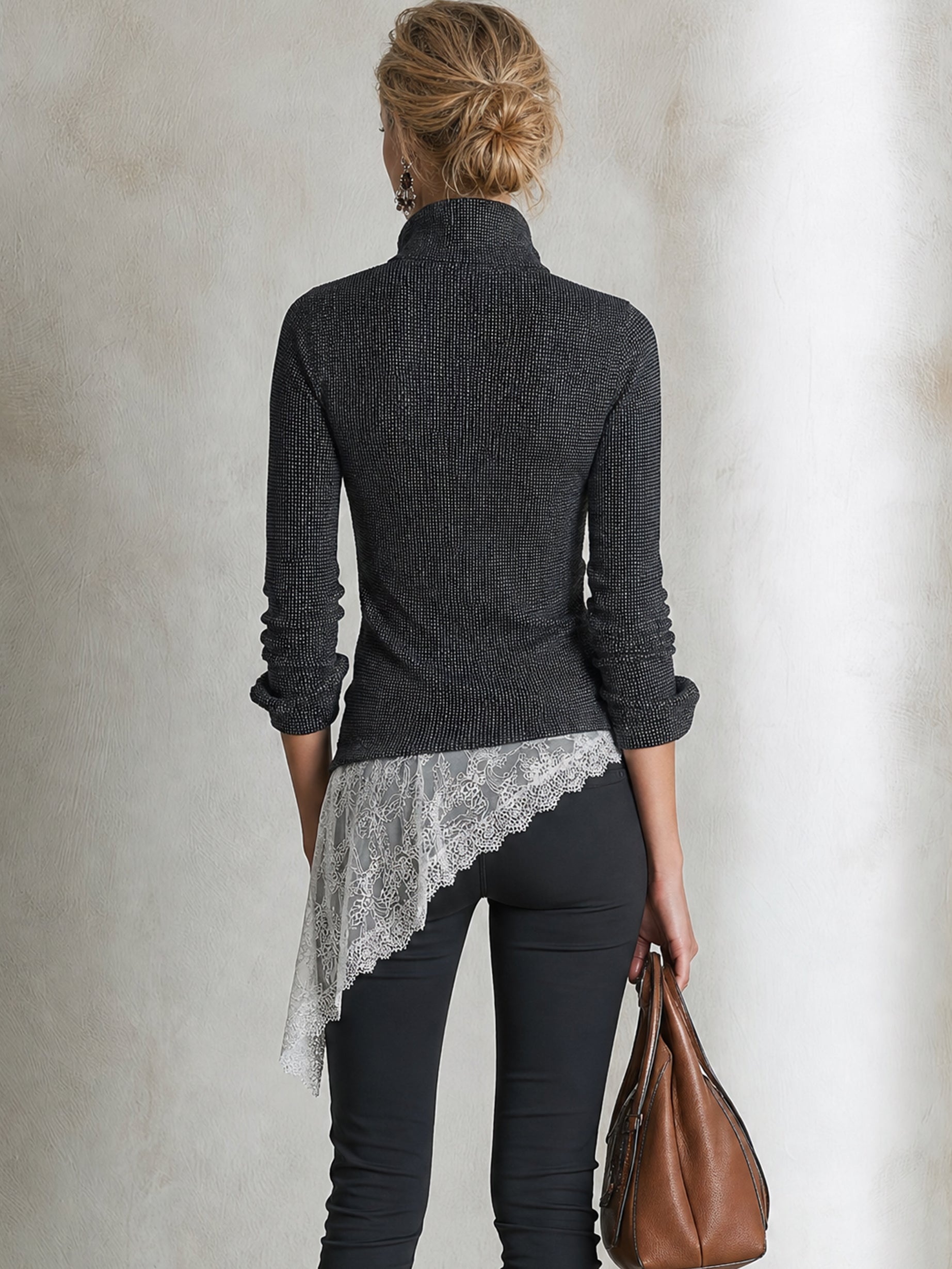 Half‑Zip Stand‑Collar Knit Top With Asymmetrical Lace Hem