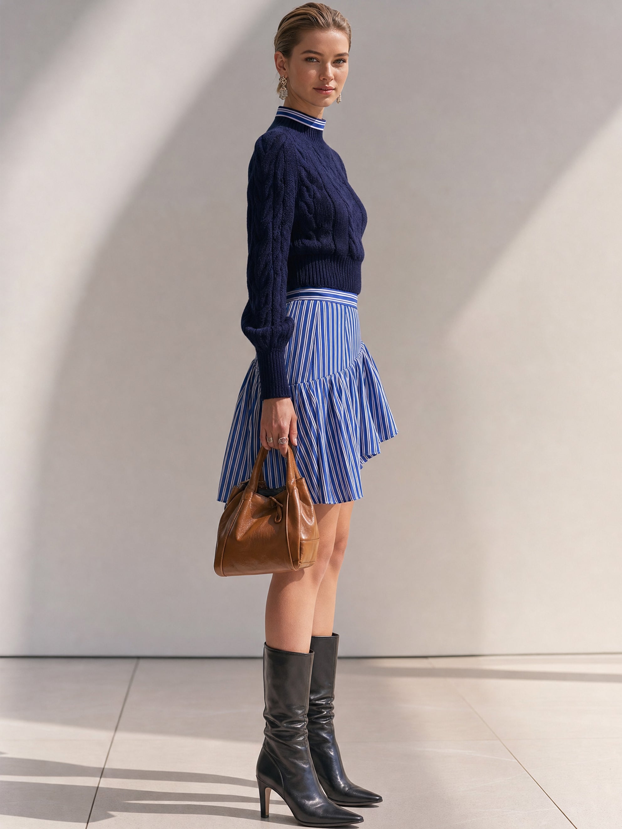 Mock‑Neck Sweater & Striped Ruffle Skirt Set