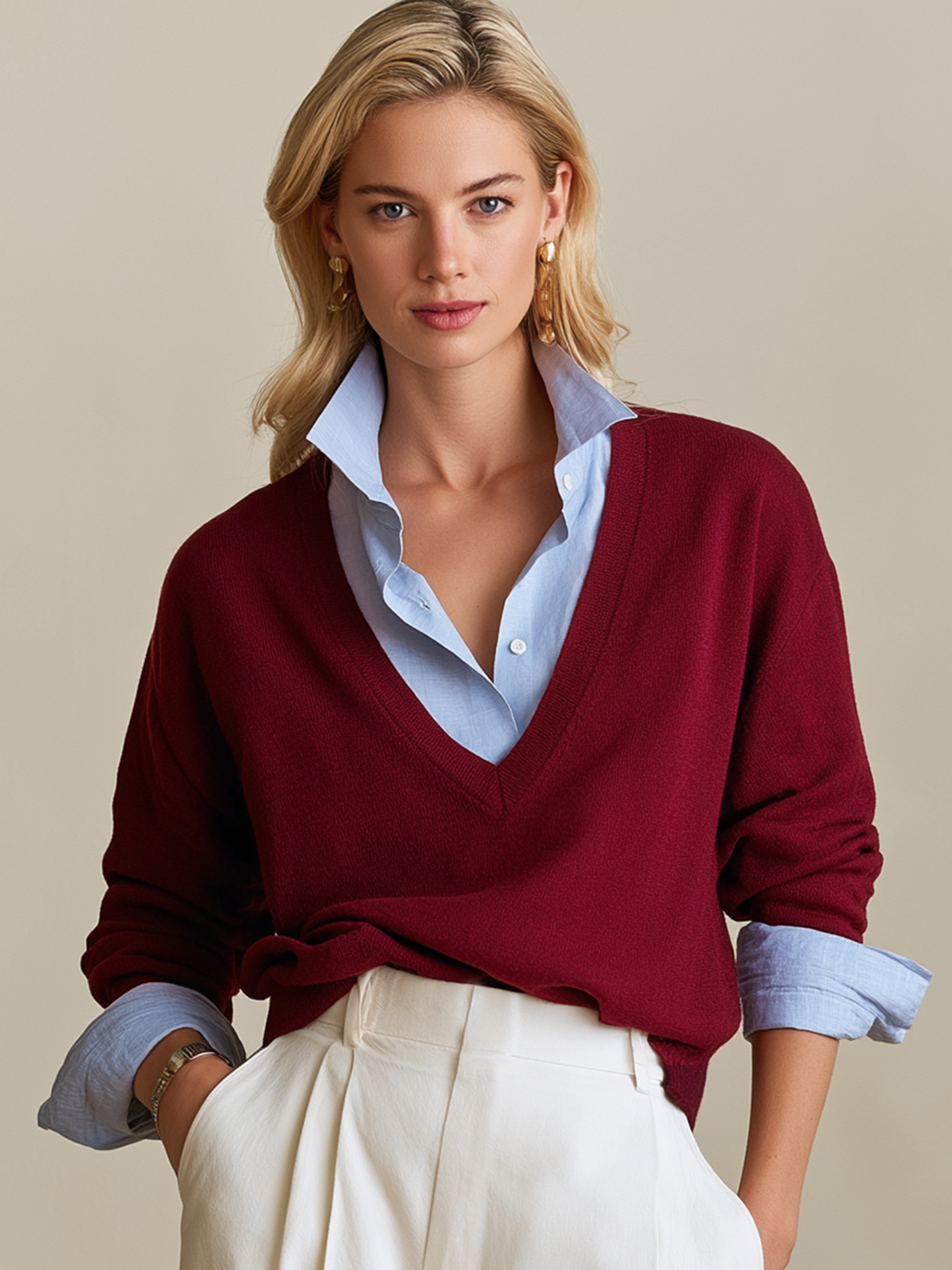 Burgundy V‑Neck Shirt‑Yoke Faux Two‑Piece Knit Top