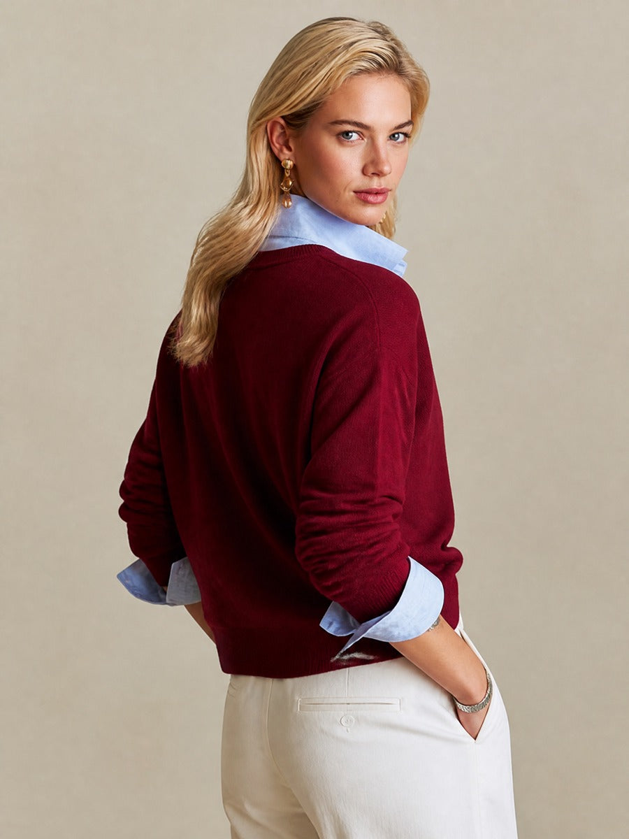 Burgundy V‑Neck Shirt‑Yoke Faux Two‑Piece Knit Top