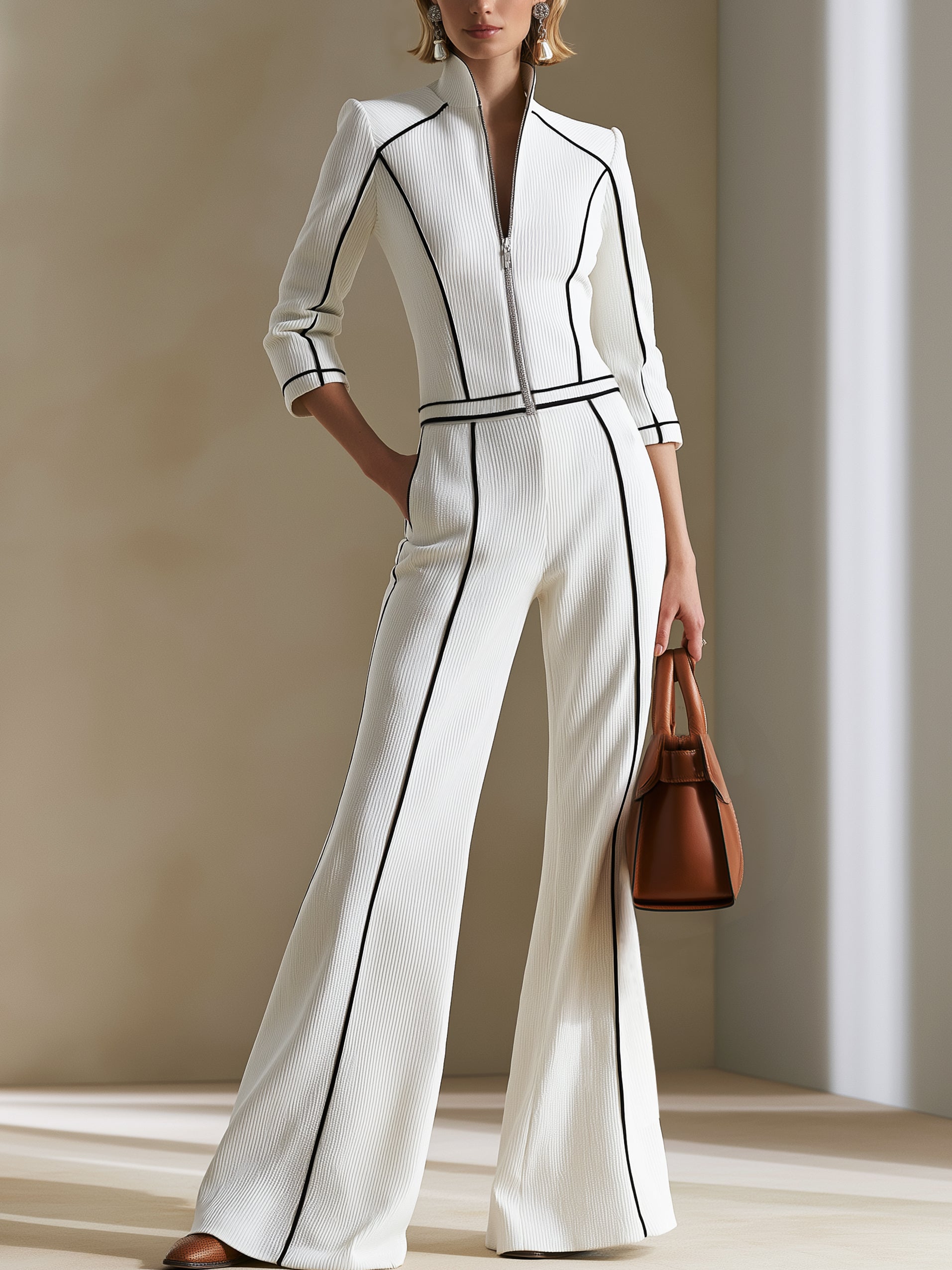 Stand‑Collar Zip‑Front Jacket & Wide‑Leg Pant Set