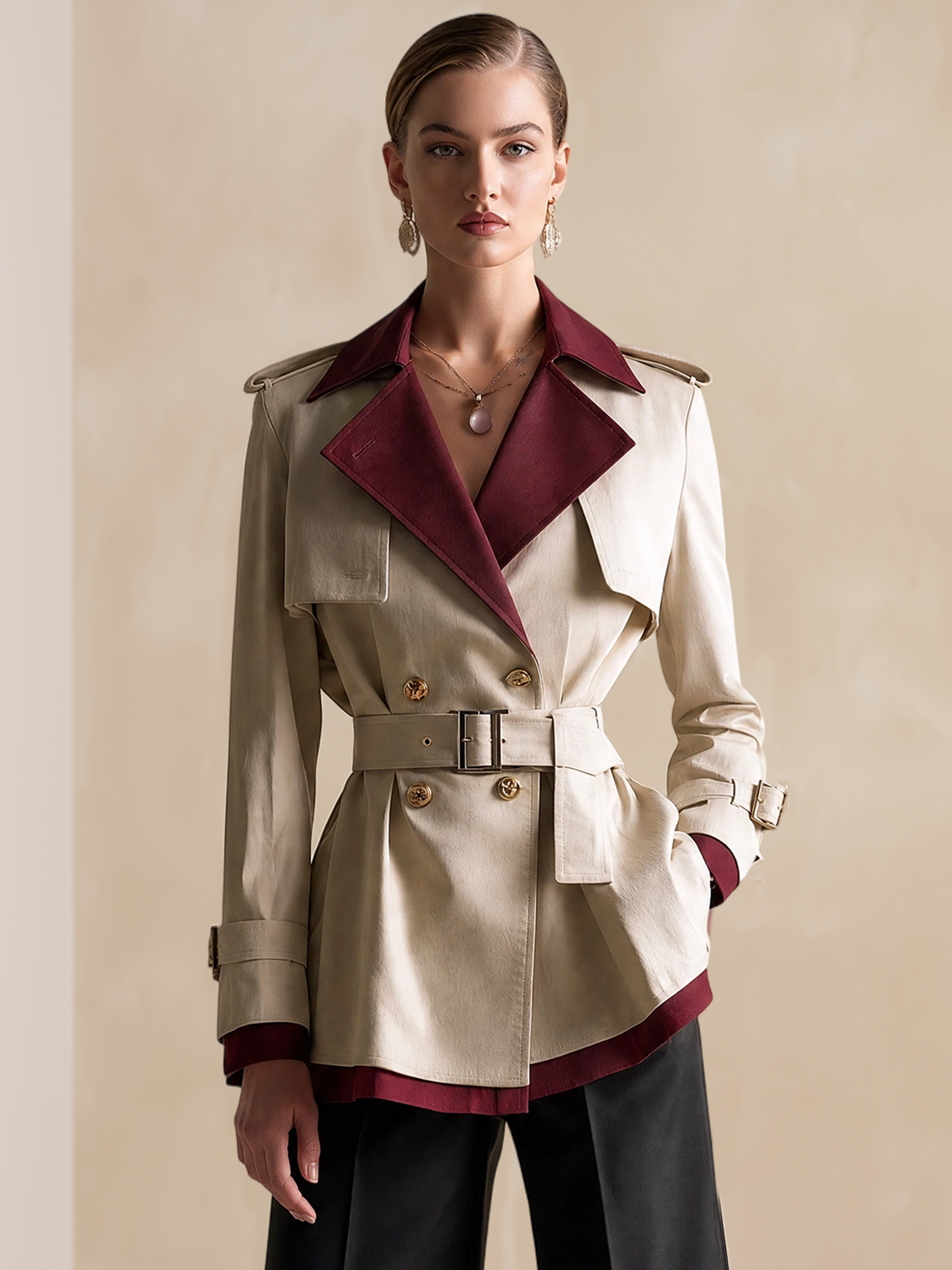 Elegant Ivory & Burgundy Contrast Belted Short Trench Jacket