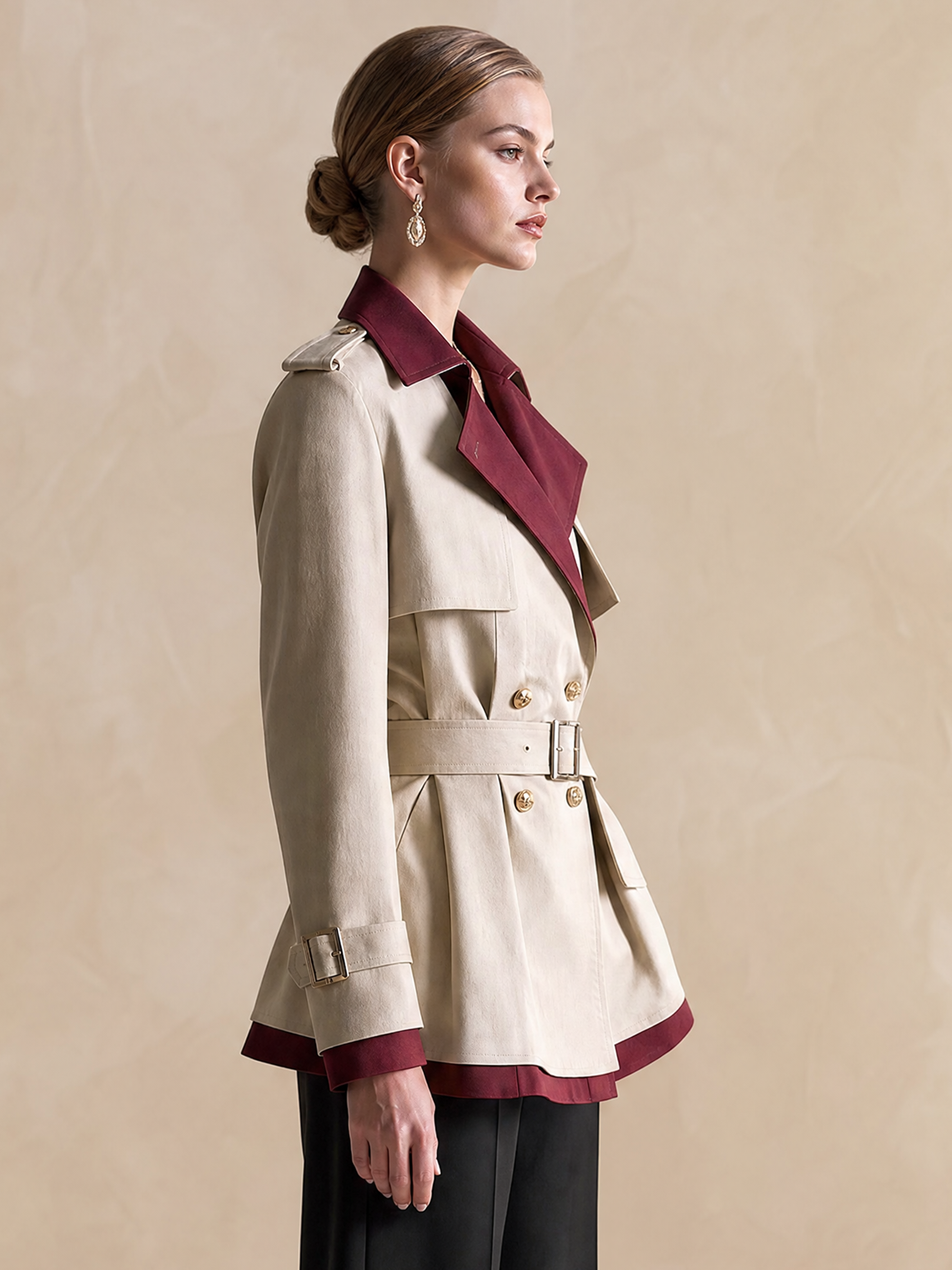 Elegant Ivory & Burgundy Contrast Belted Short Trench Jacket