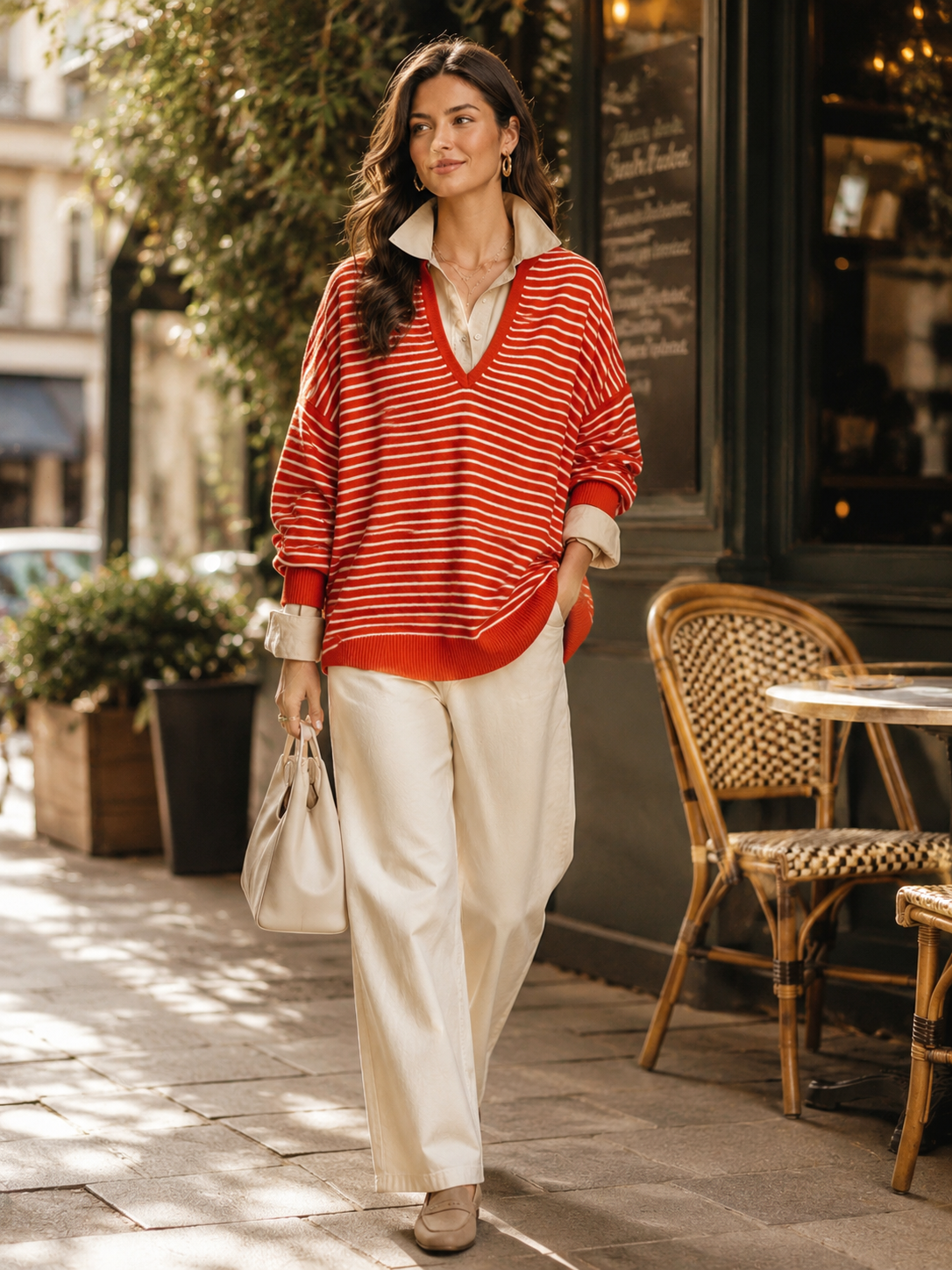Red And White Striped Sweater With A Mock-layered Shirt Collar