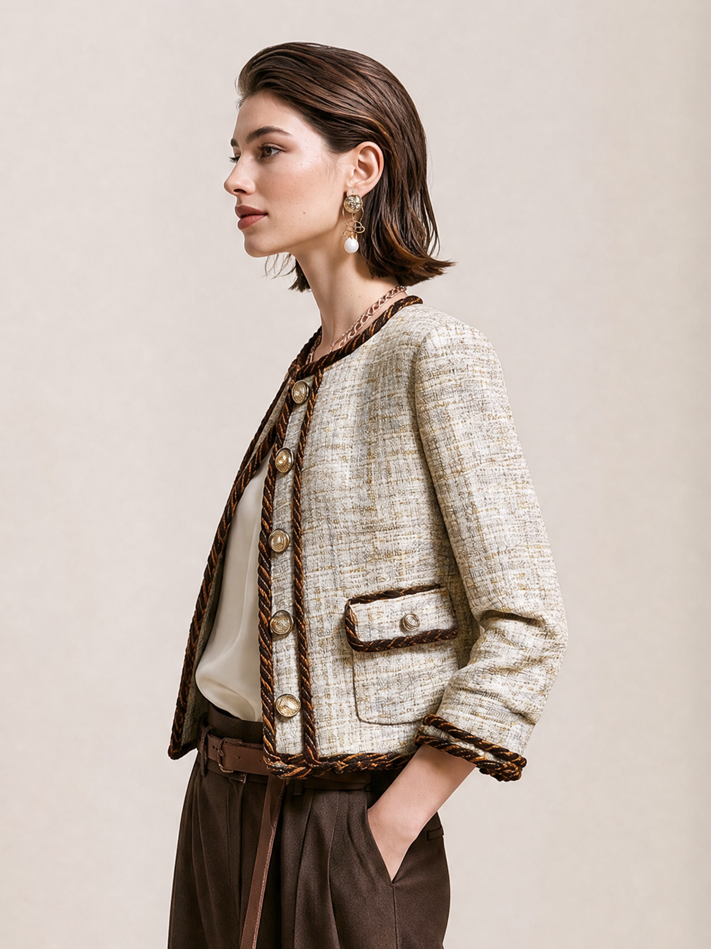 Elegant Ivory & Brown Trim Tweed Cropped Jacket