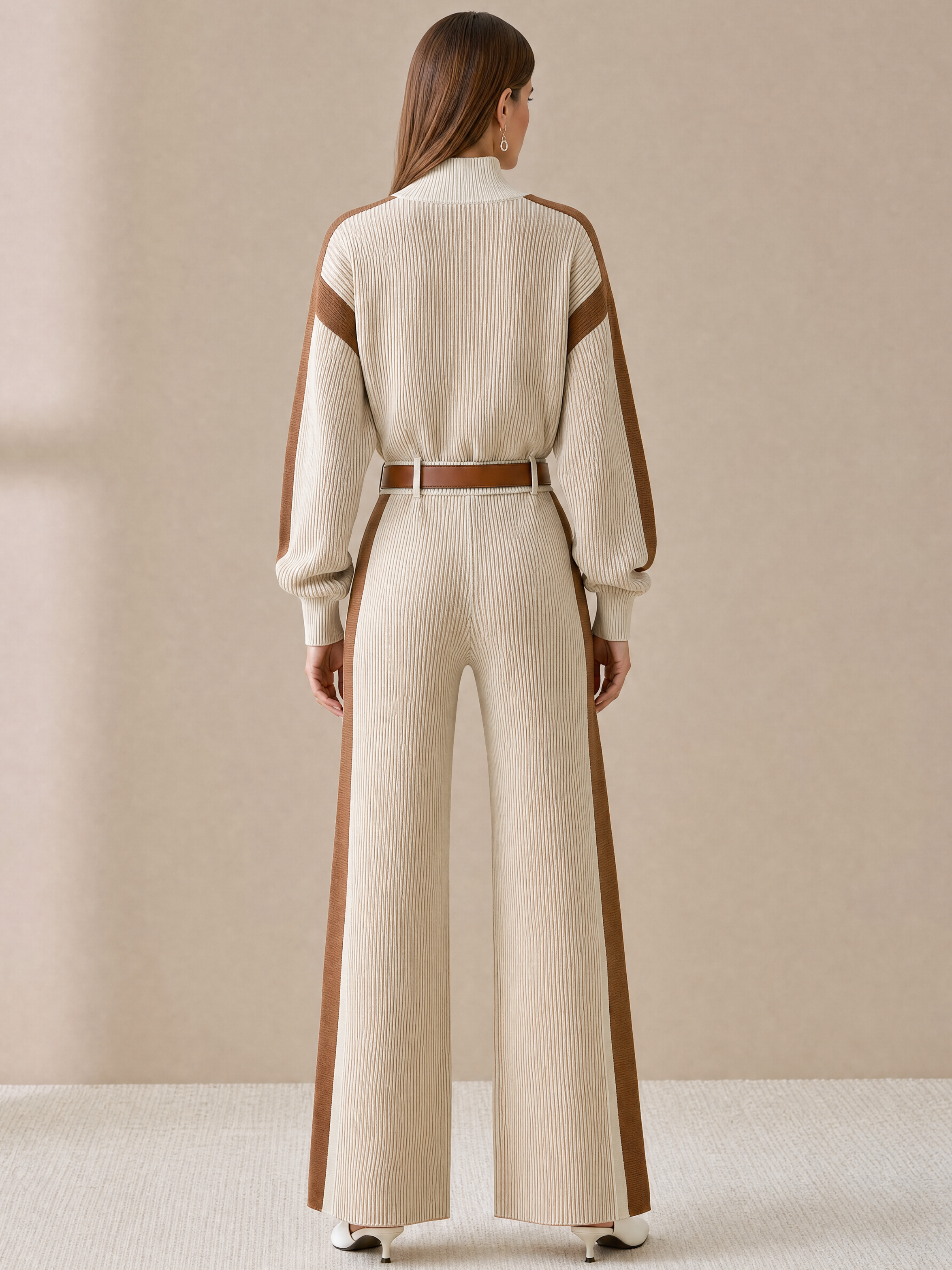 Elegant Ivory & Brown Contrast Trim Ribbed Knit Jumpsuit