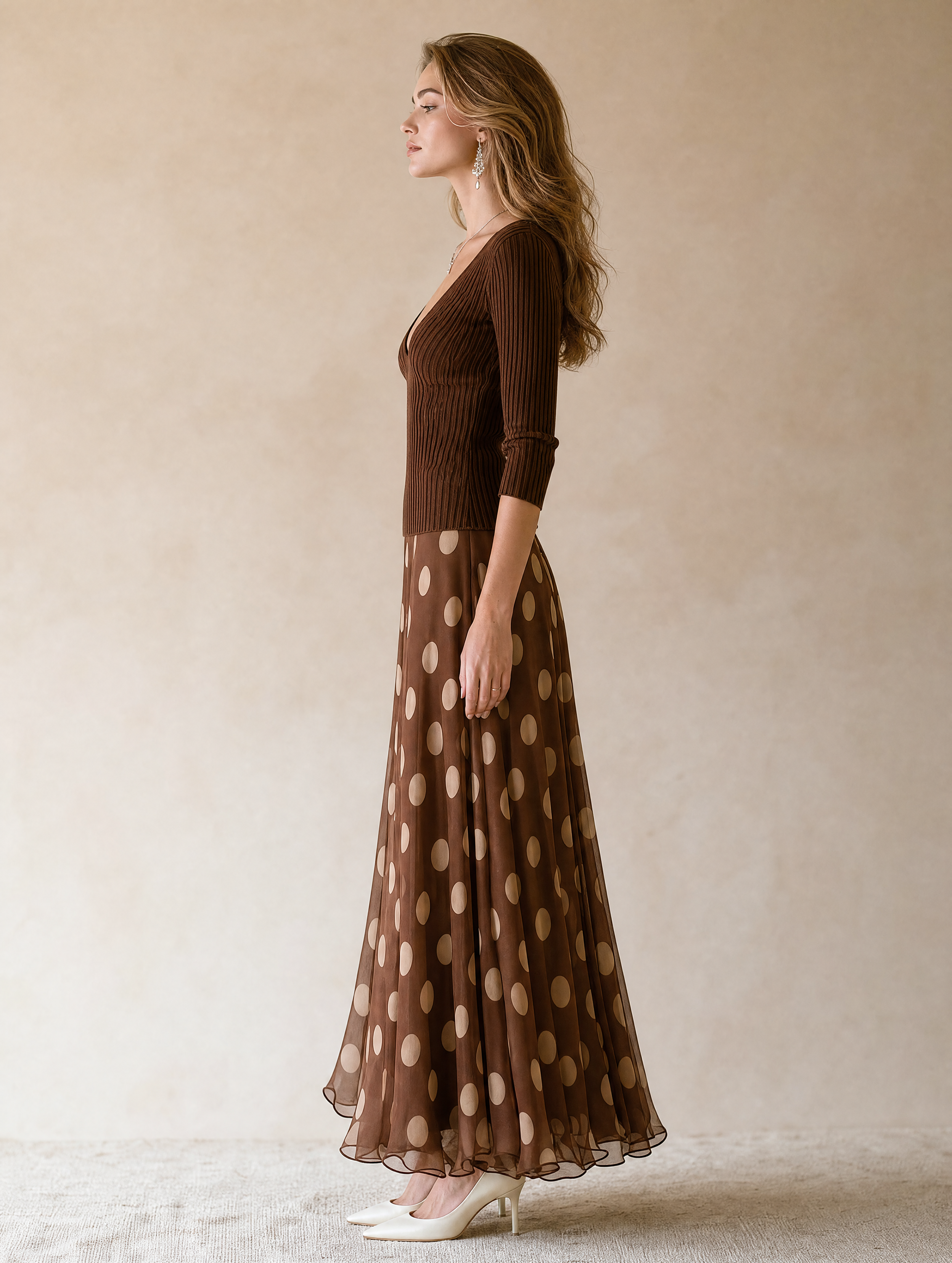 Elegant Brown Polka-dot Dress Featuring A Knit And Chiffon Spliced design