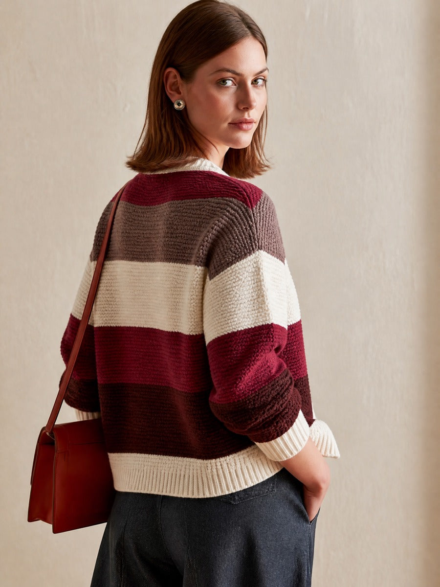 Retro Color‑Block Stripe Crew‑Neck Chunky Knit Cardigan