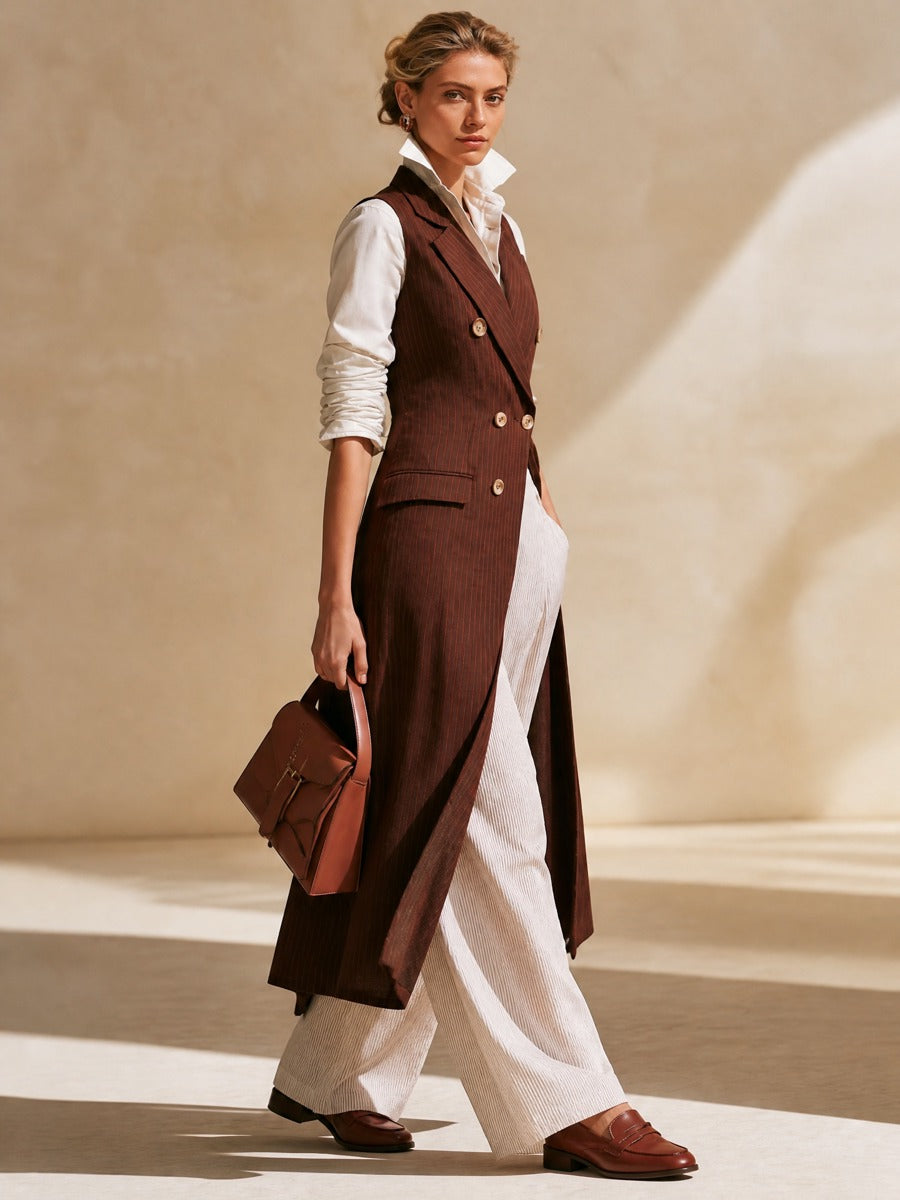 Brown Pinstripe Lapel Sleeveless Long Waistcoat