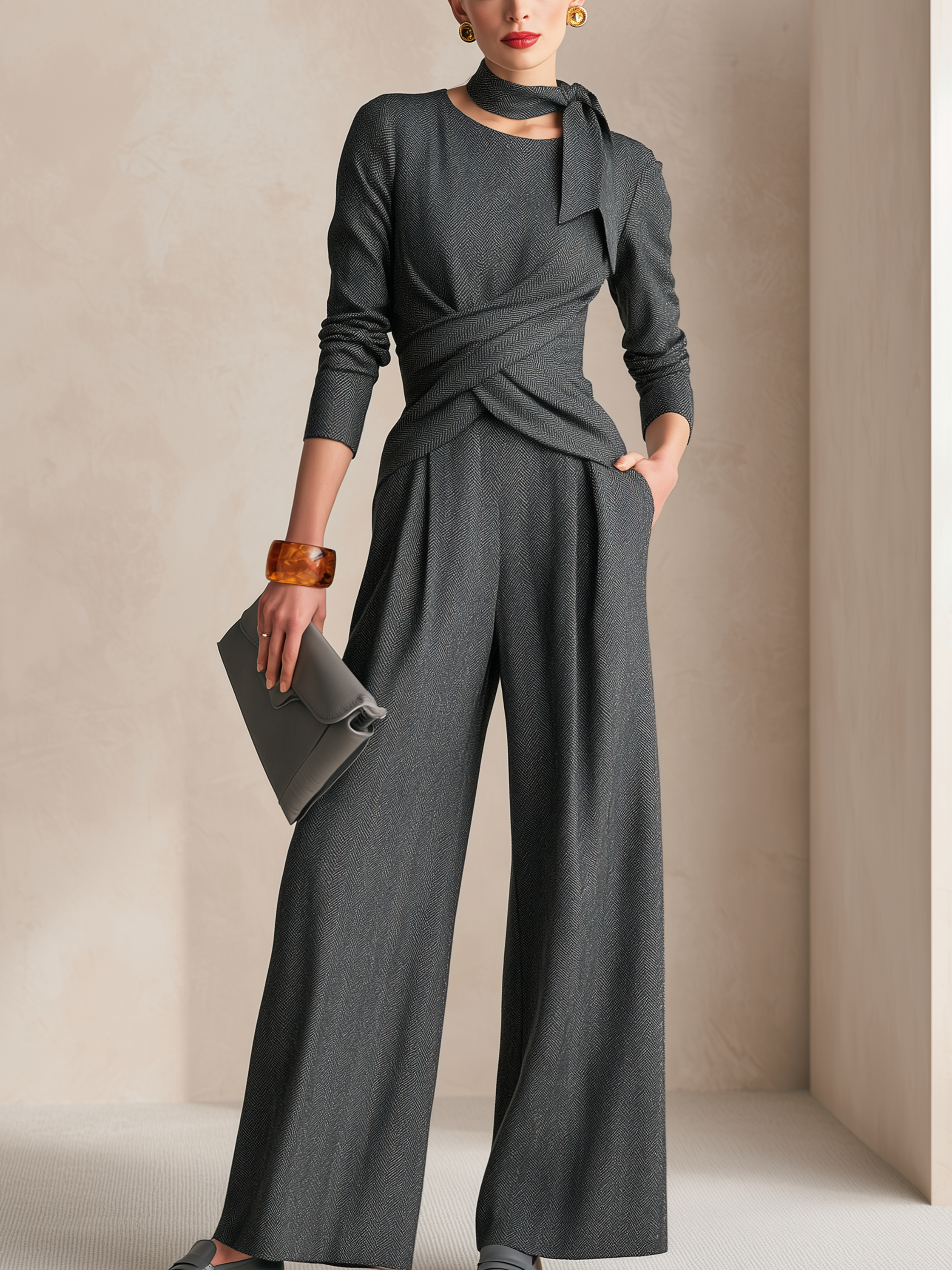 Charcoal Grey Twist Front Sash High Waist Wide‑Leg Jumpsuit