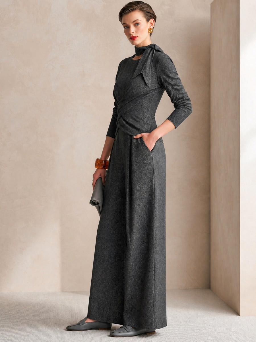 Charcoal Grey Twist Front Sash High Waist Wide‑Leg Jumpsuit