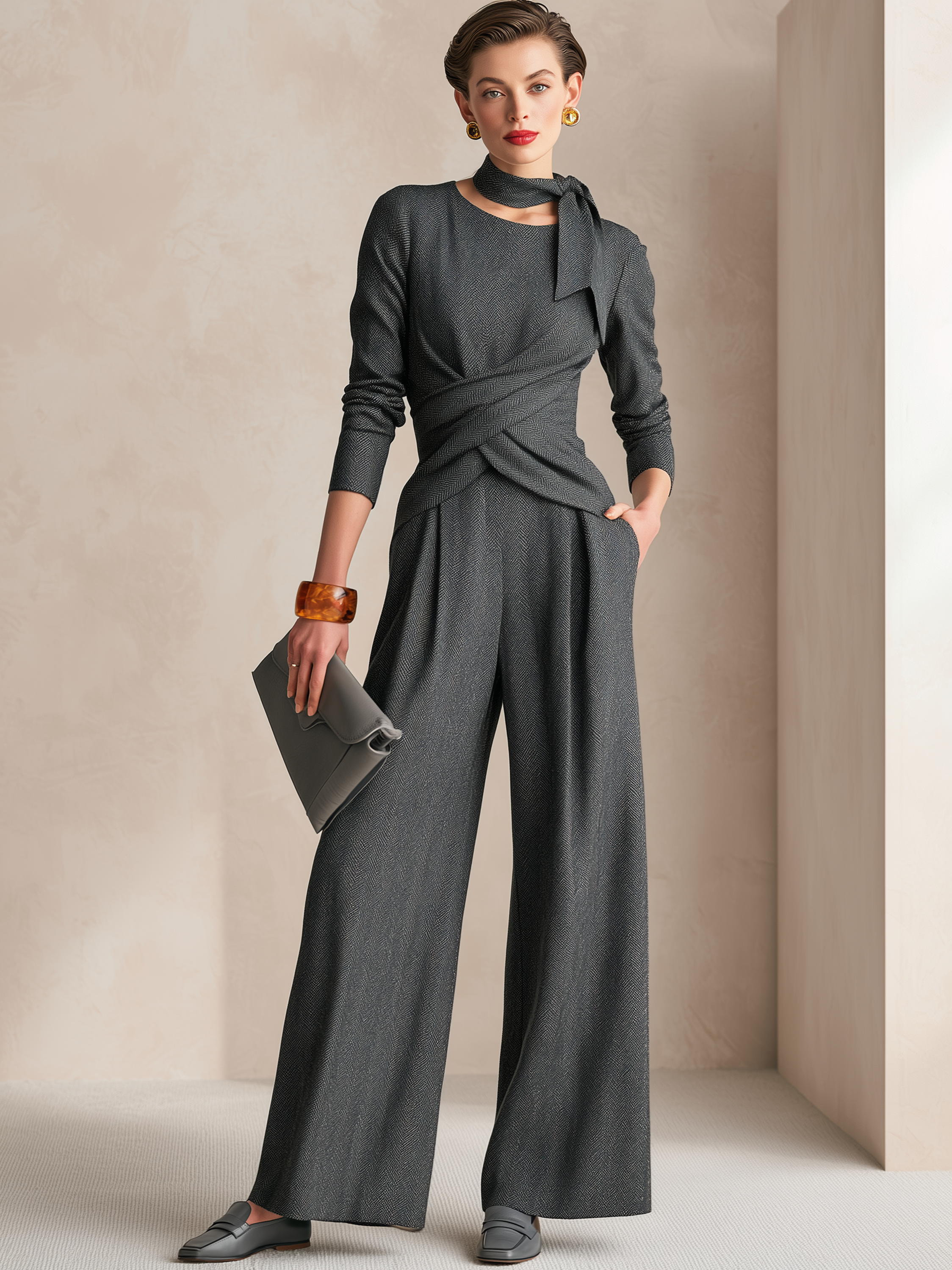 Charcoal Grey Twist Front Sash High Waist Wide‑Leg Jumpsuit