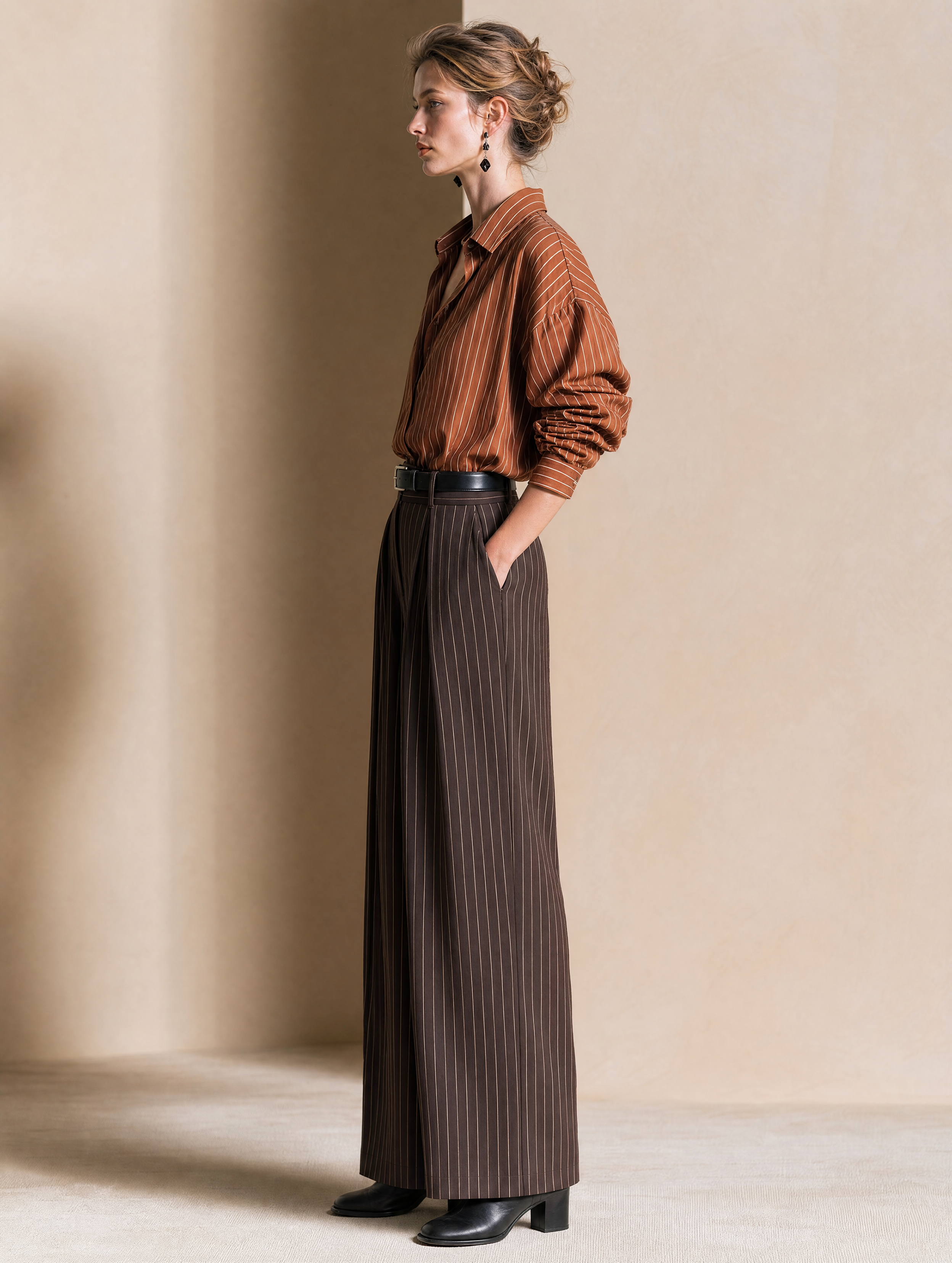 Elegant Warm Brown Striped Shirt & Dark Coffee Wide-Leg Pants Set