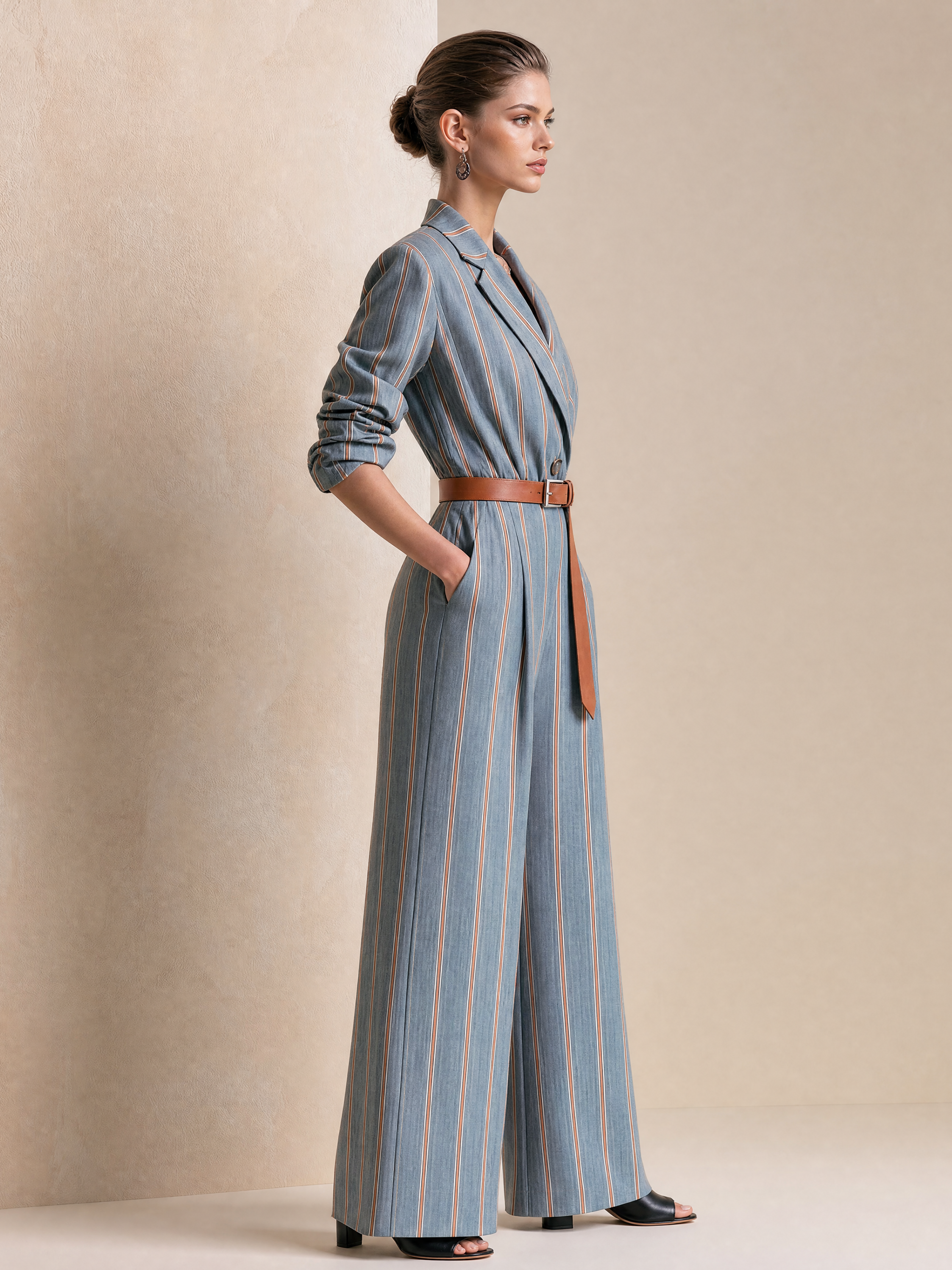Elegant Misty Blue & Brown Contrast Striped Wide-Leg Jumpsuit