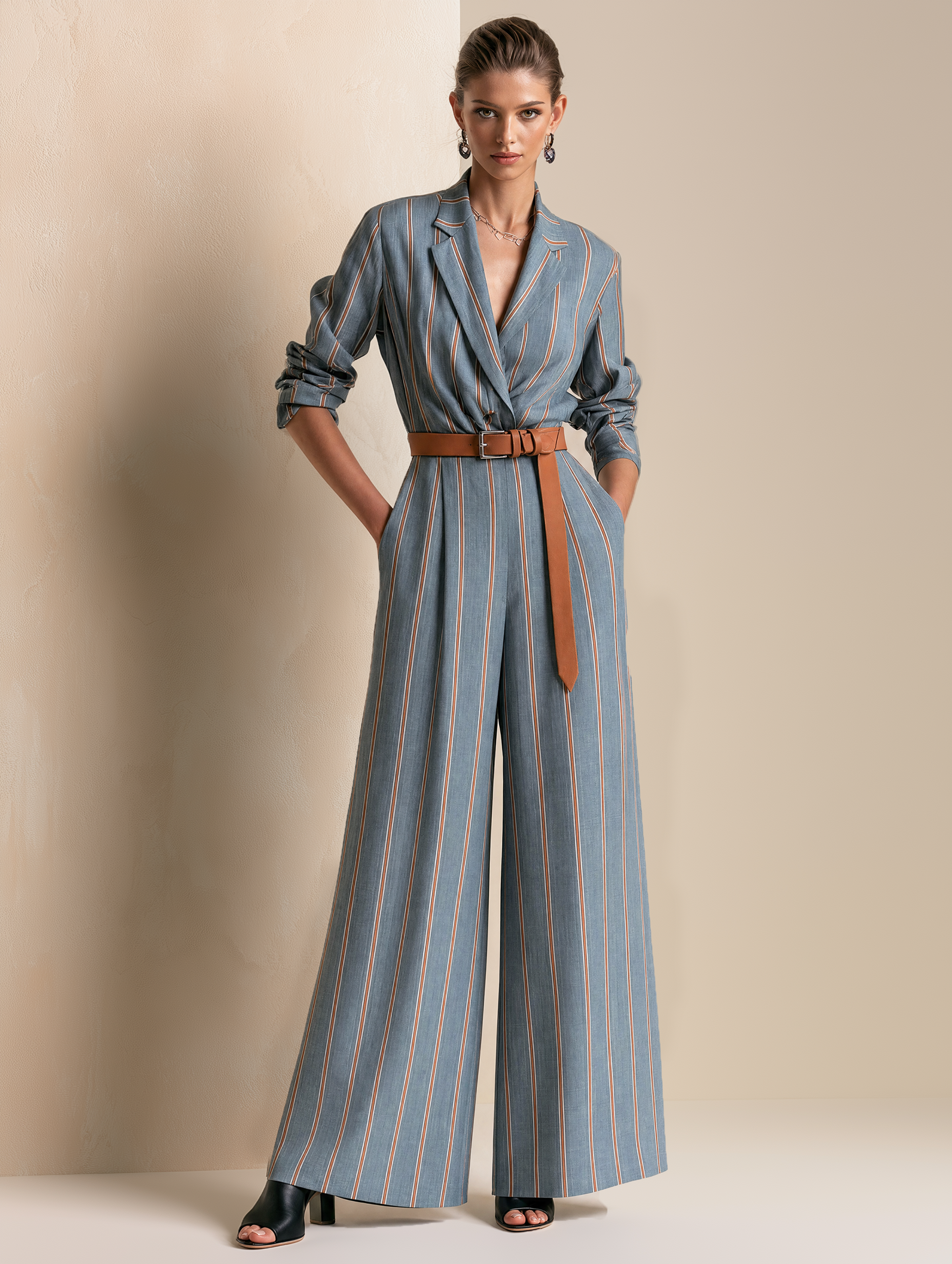 Elegant Misty Blue & Brown Contrast Striped Wide-Leg Jumpsuit