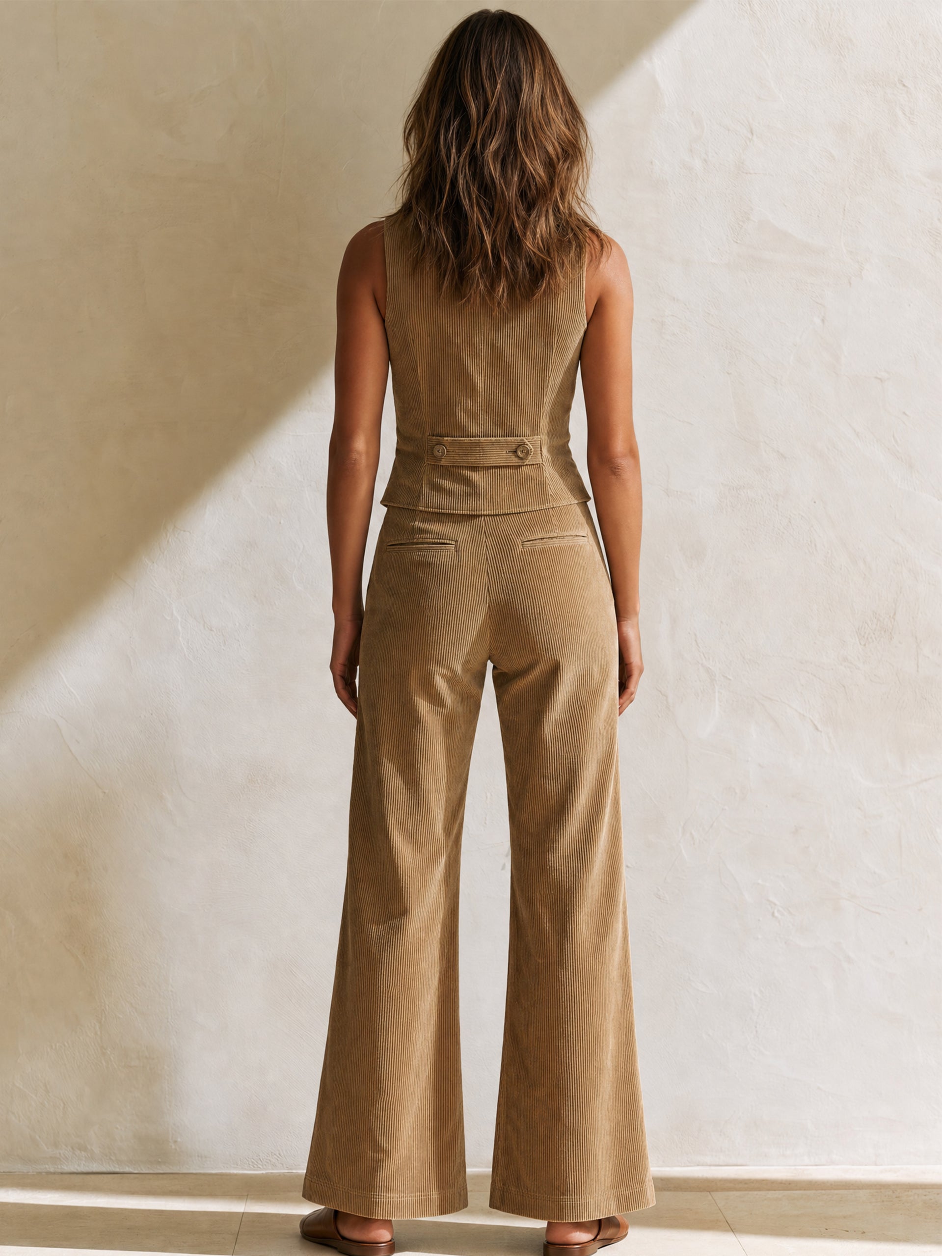 Corduroy Khaki Waistcoat & Flared Wide‑Leg Trouser Set