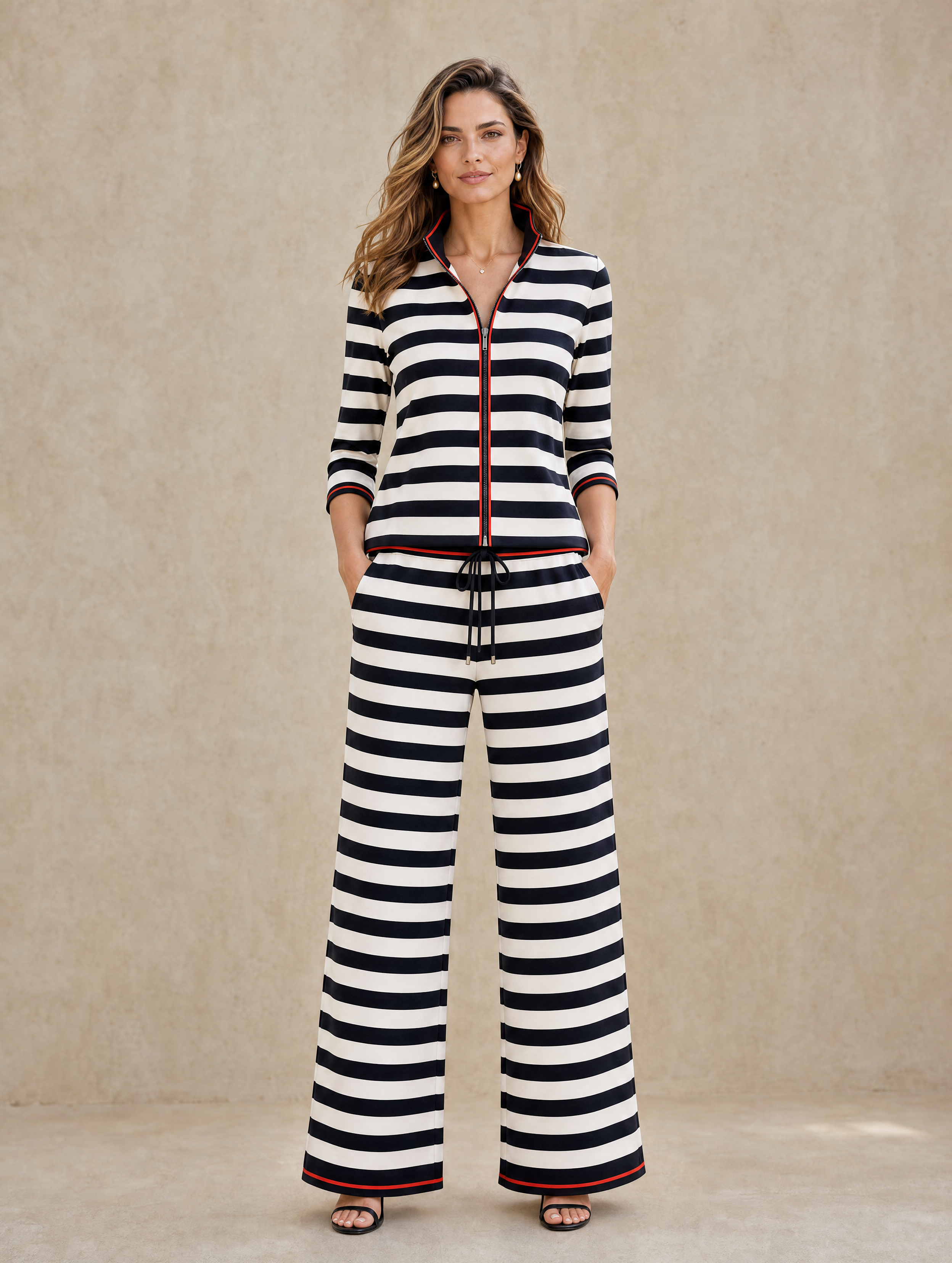 Elegant Black And White Striped Color-Block Trouser Set
