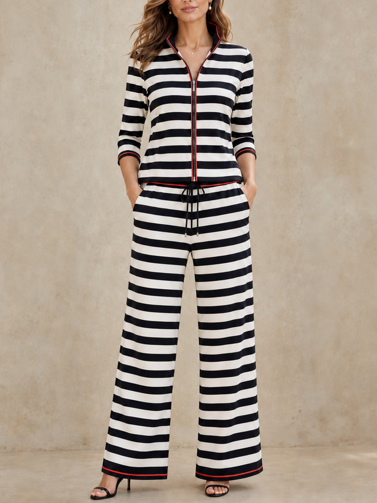 Elegant Black And White Striped Color-Block Trouser Set
