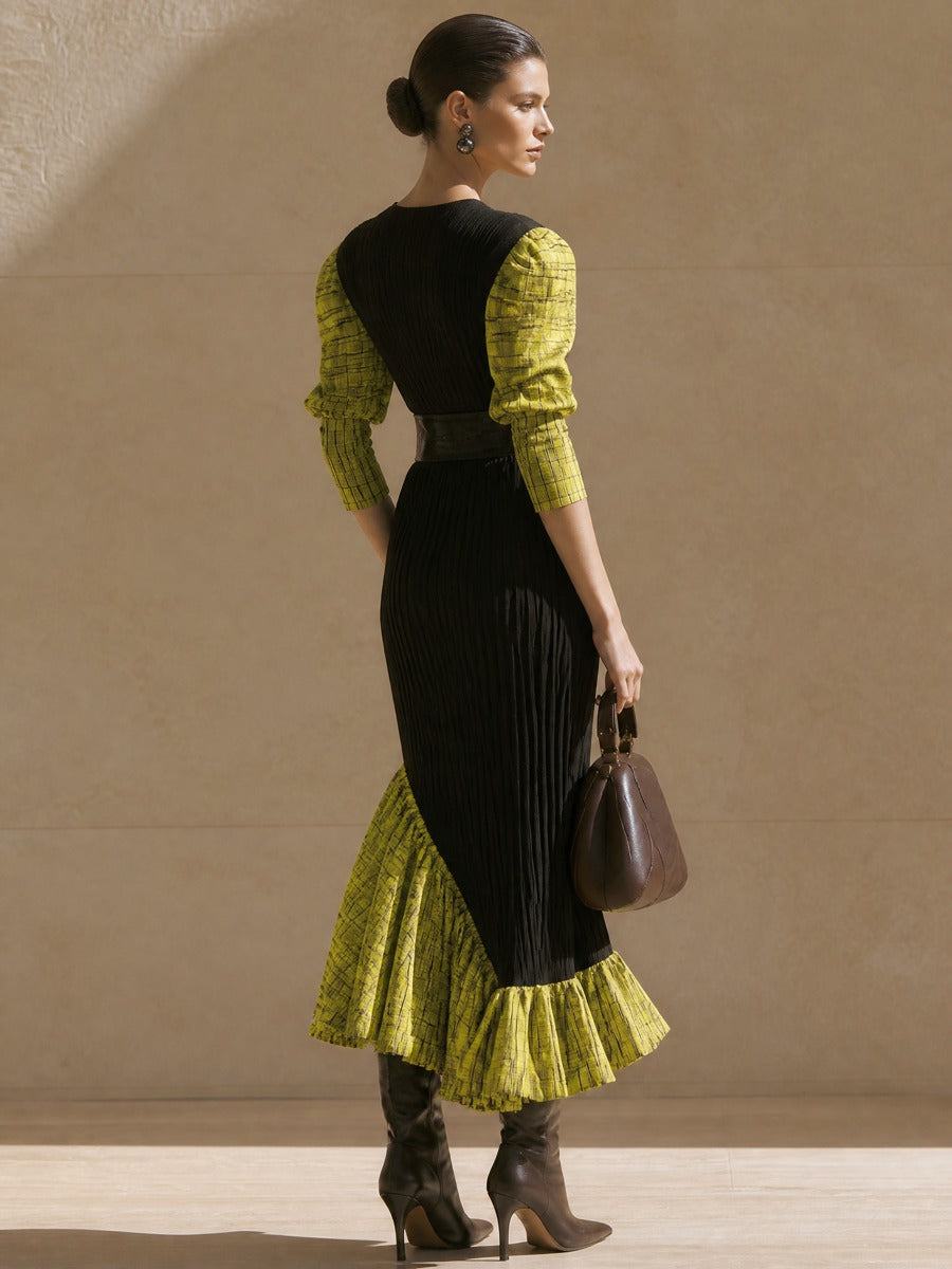 Black Rib Plaid Spliced Square‑Buckle Belt Fitted Dress