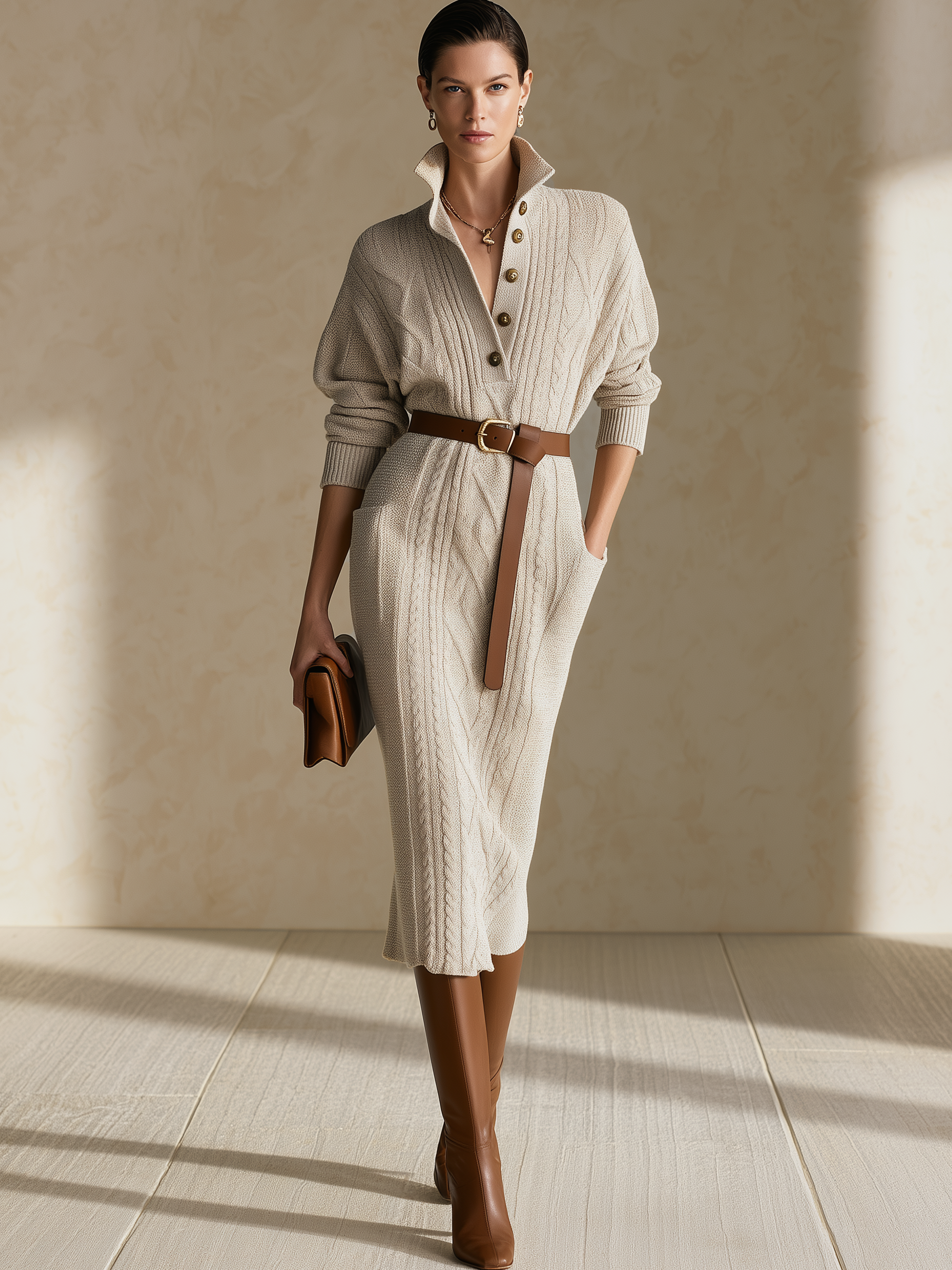 Oatmeal Half‑Placket Belted Cable‑Knit Midi Dress