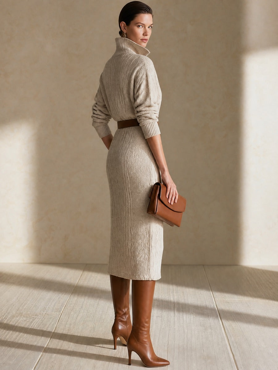 Oatmeal Half‑Placket Belted Cable‑Knit Midi Dress