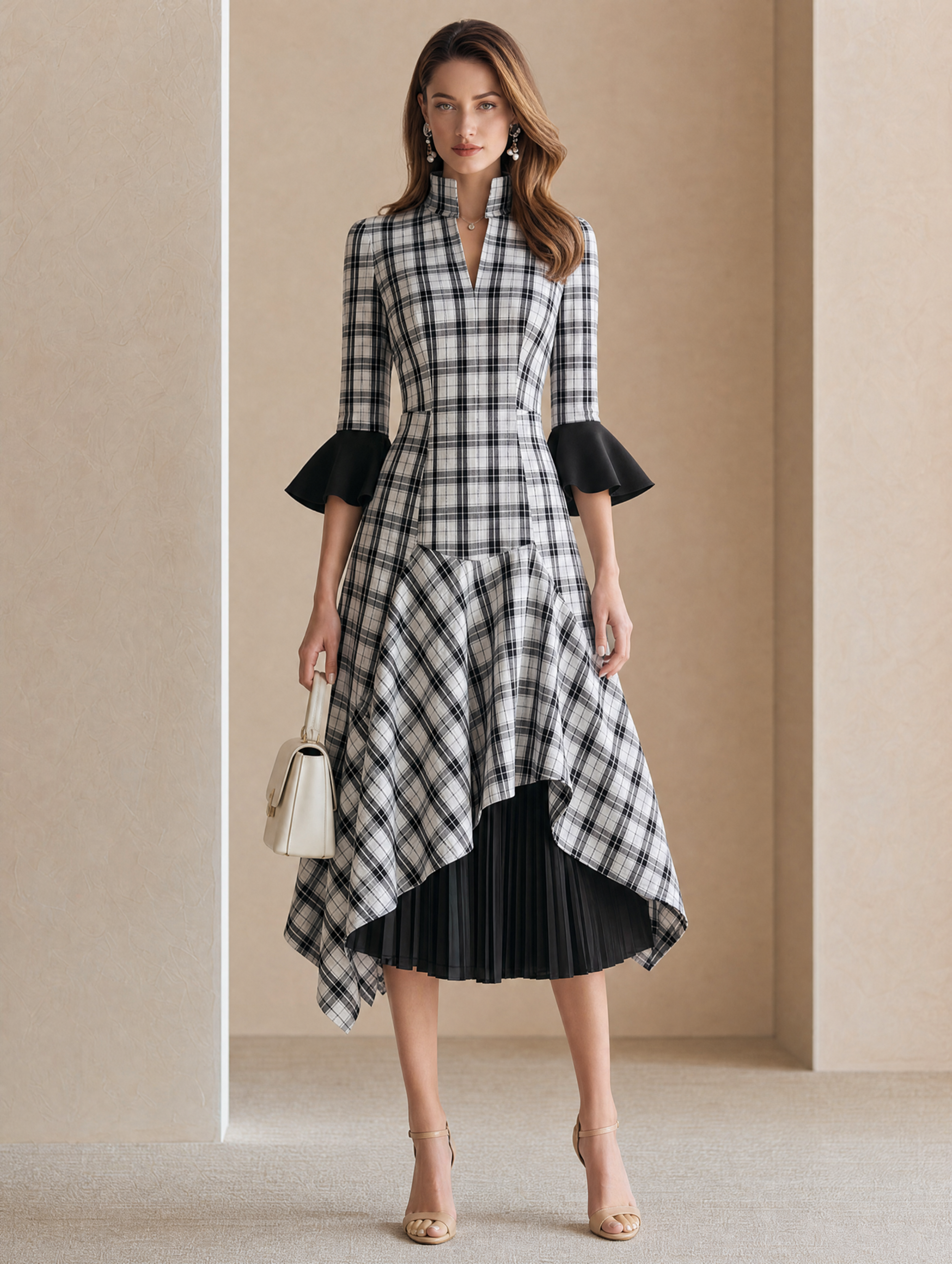 Elegant Black And White Houndstooth And Chiffon Panel Dress