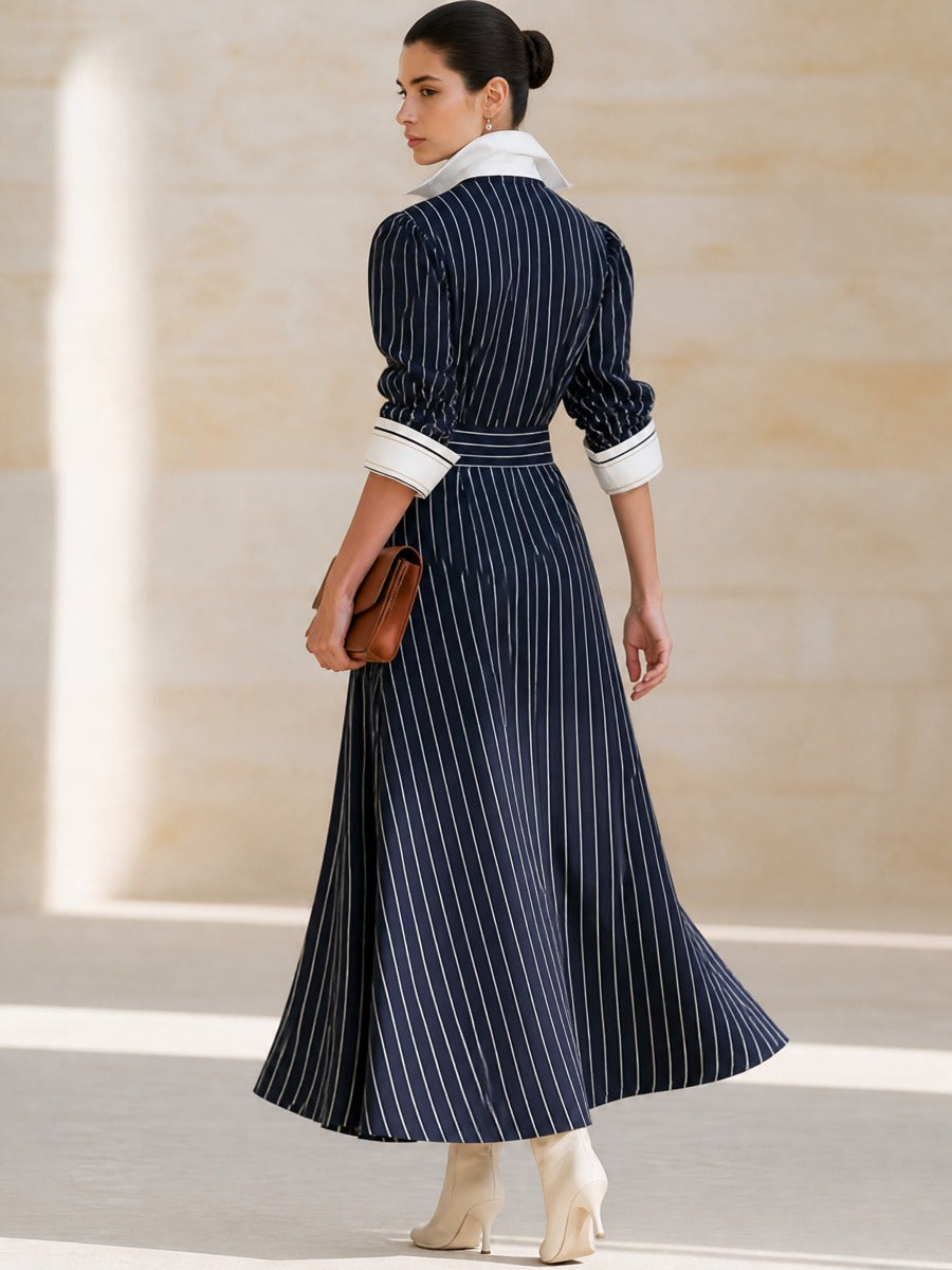 Navy‑White Stripe Collared Shirt‑Style Maxi Dress
