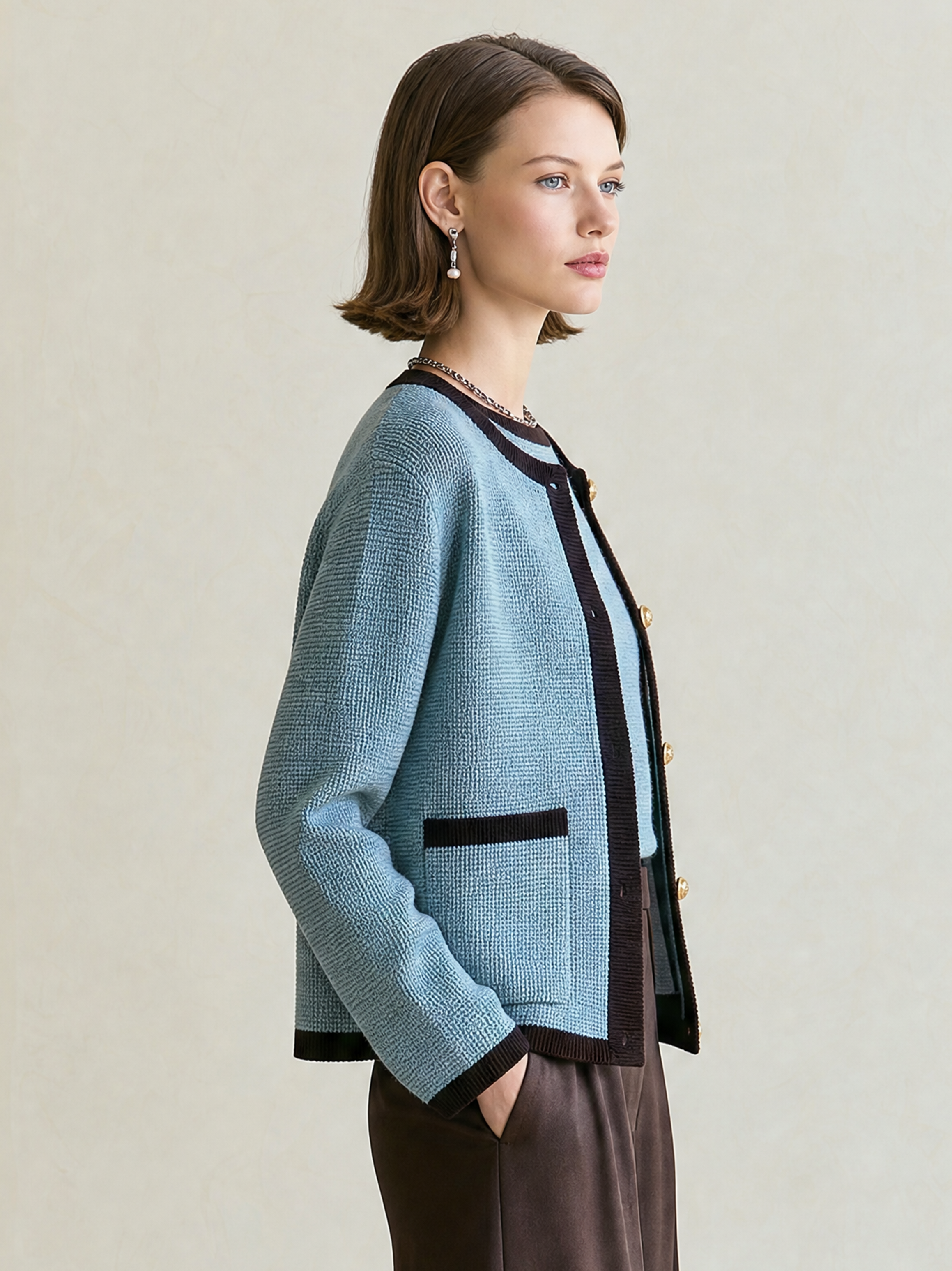 Elegant Blue & Black Trim Textured Knit Cardigan