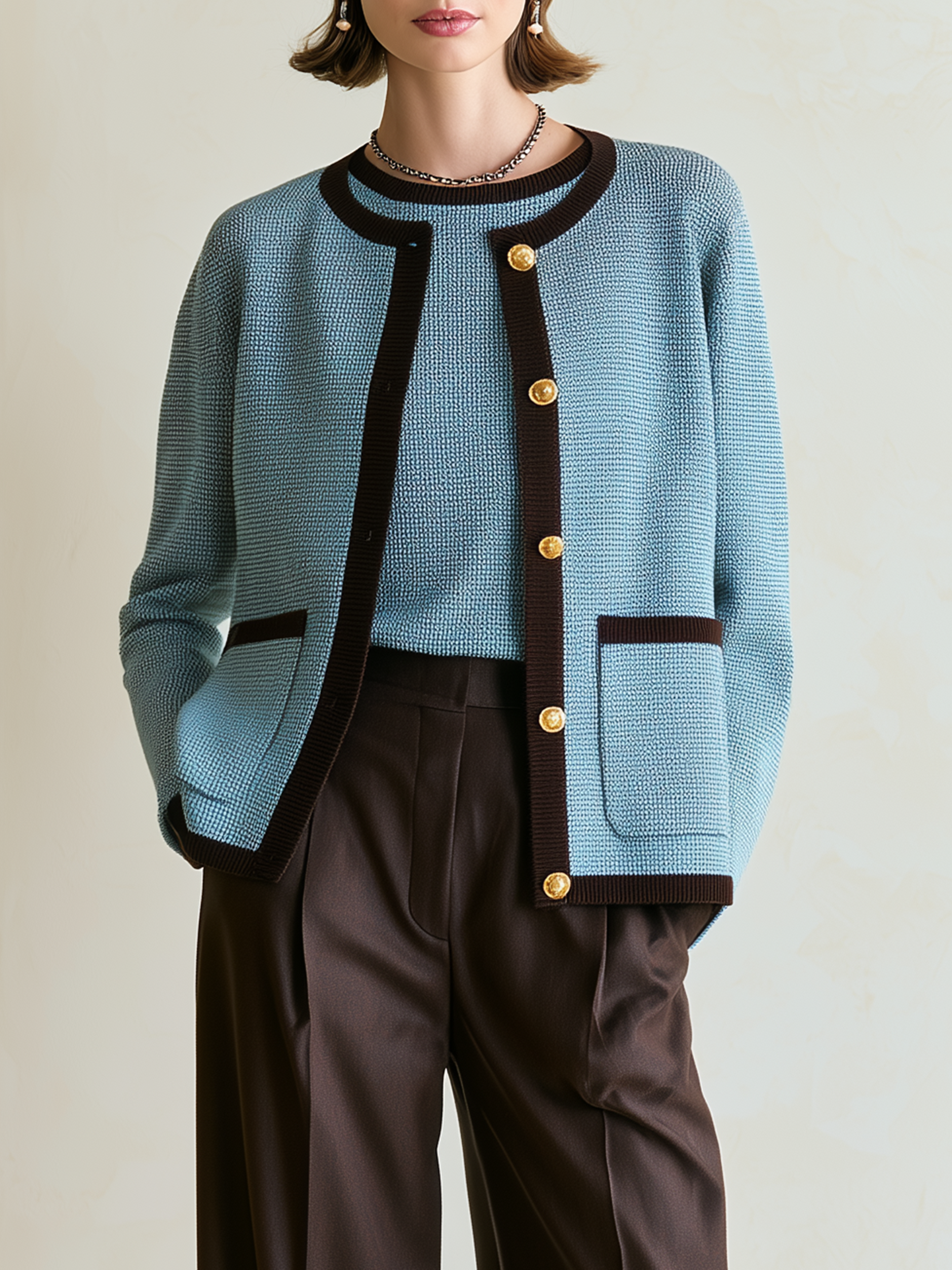 Elegant Blue & Black Trim Textured Knit Cardigan