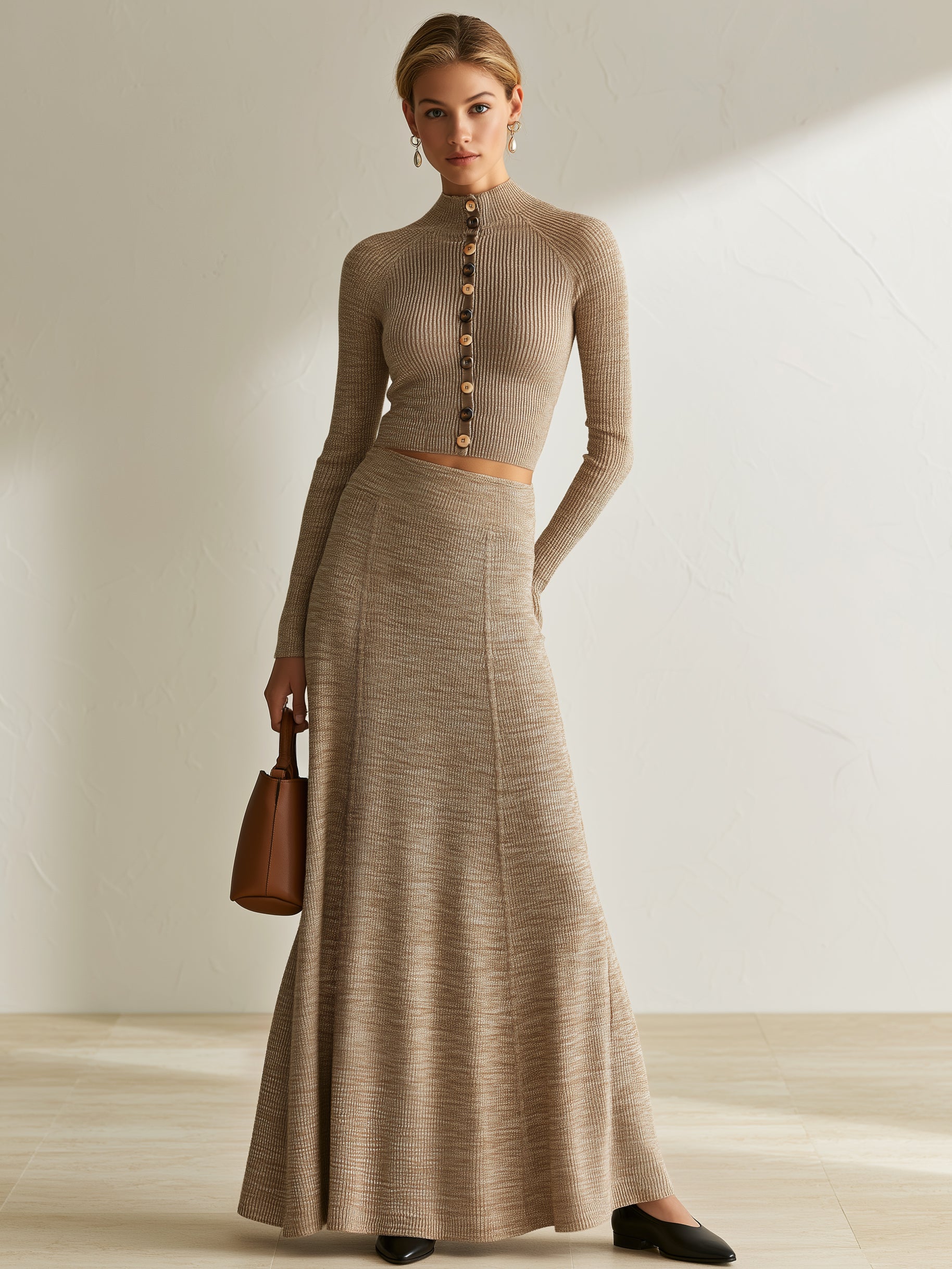 Mock‑Neck Knit Cardigan & Flared Godet Maxi Skirt Set
