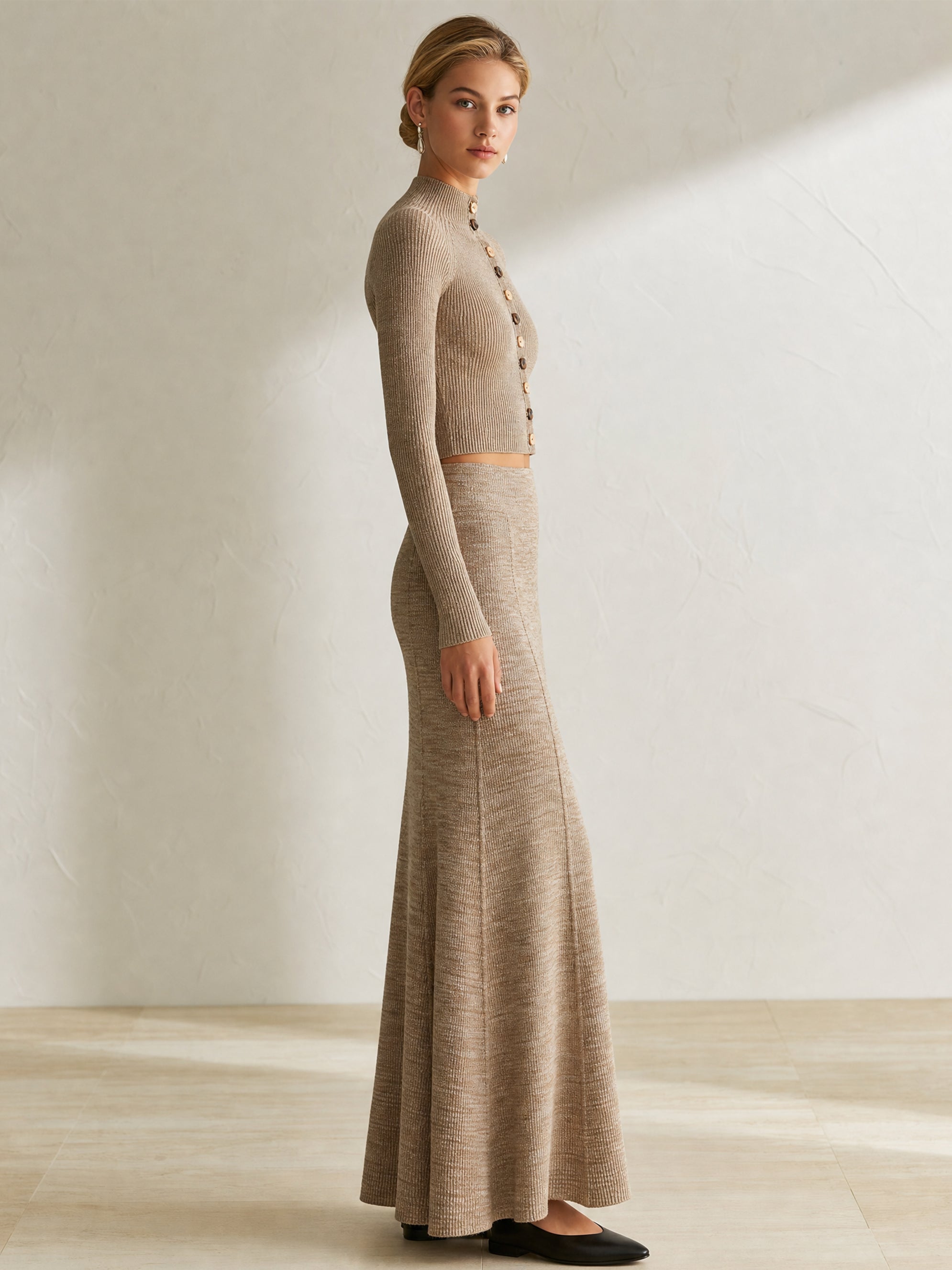 Mock‑Neck Knit Cardigan & Flared Godet Maxi Skirt Set