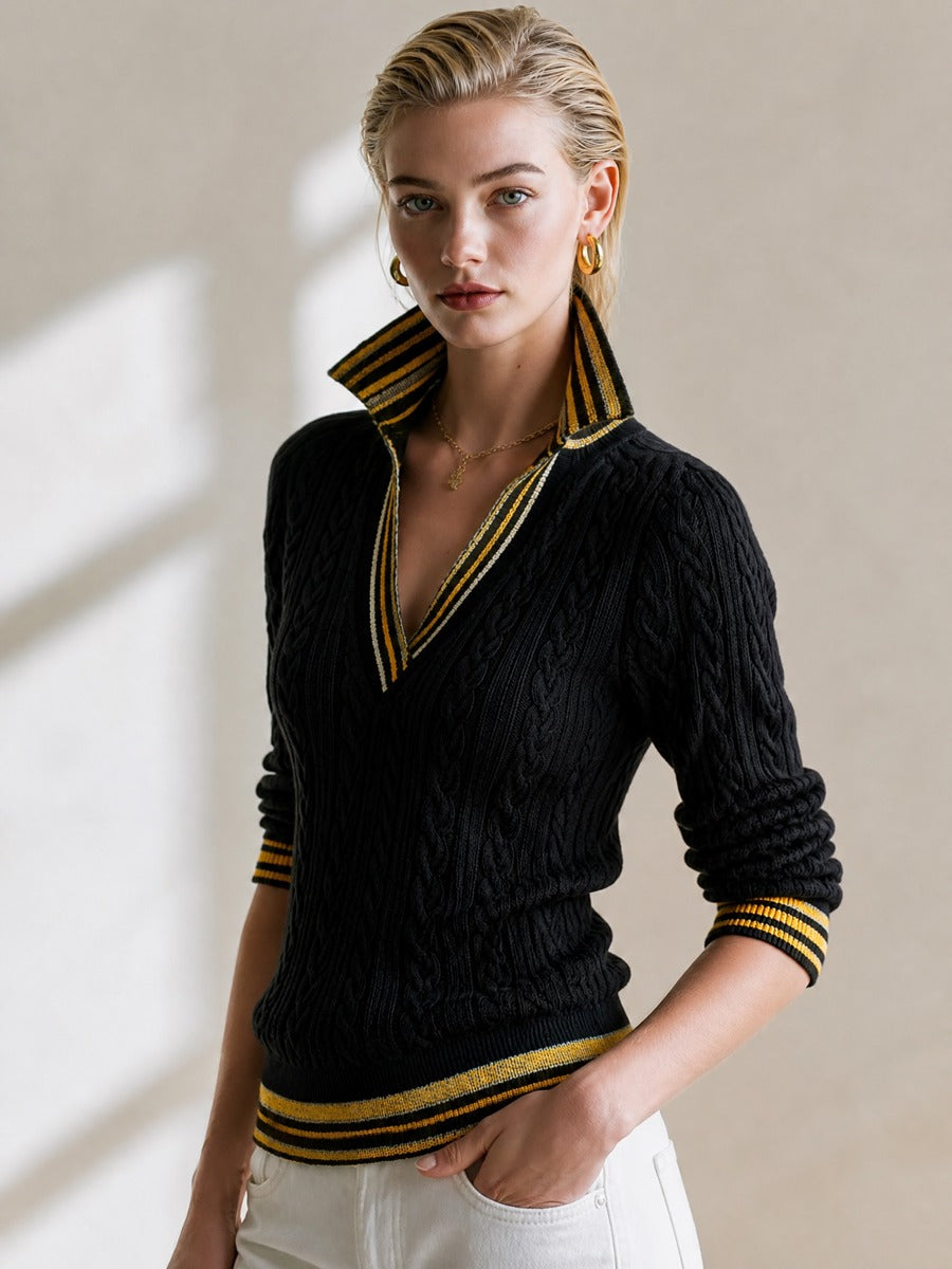 Contrast‑Stripe Trim V‑Neck Cable‑Knit Pullover