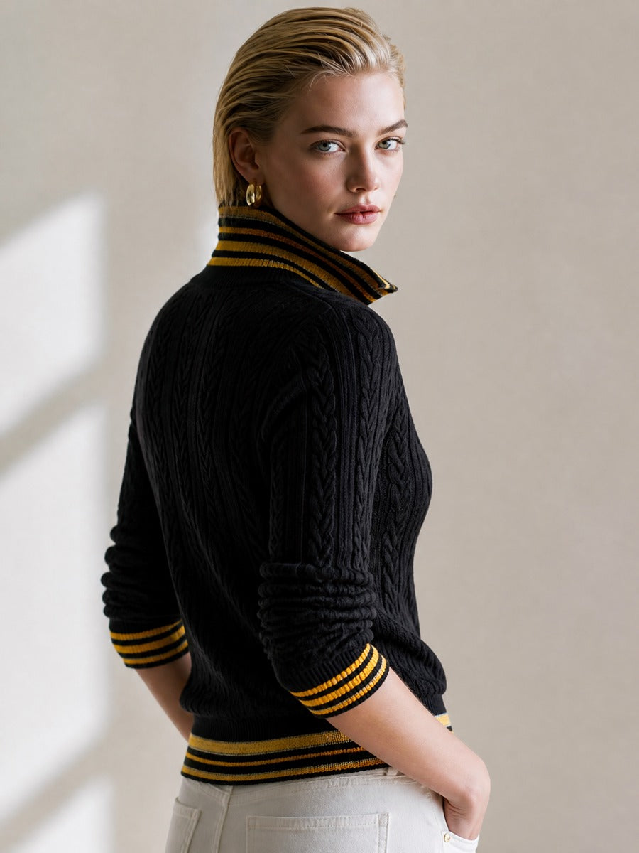 Contrast‑Stripe Trim V‑Neck Cable‑Knit Pullover