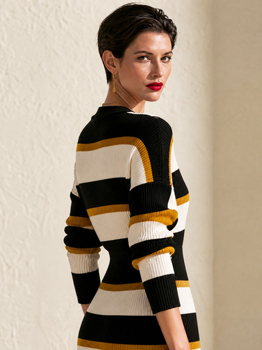 Black‑Mustard‑White Striped V‑Neck Waisted Cropped Knit Cardigan