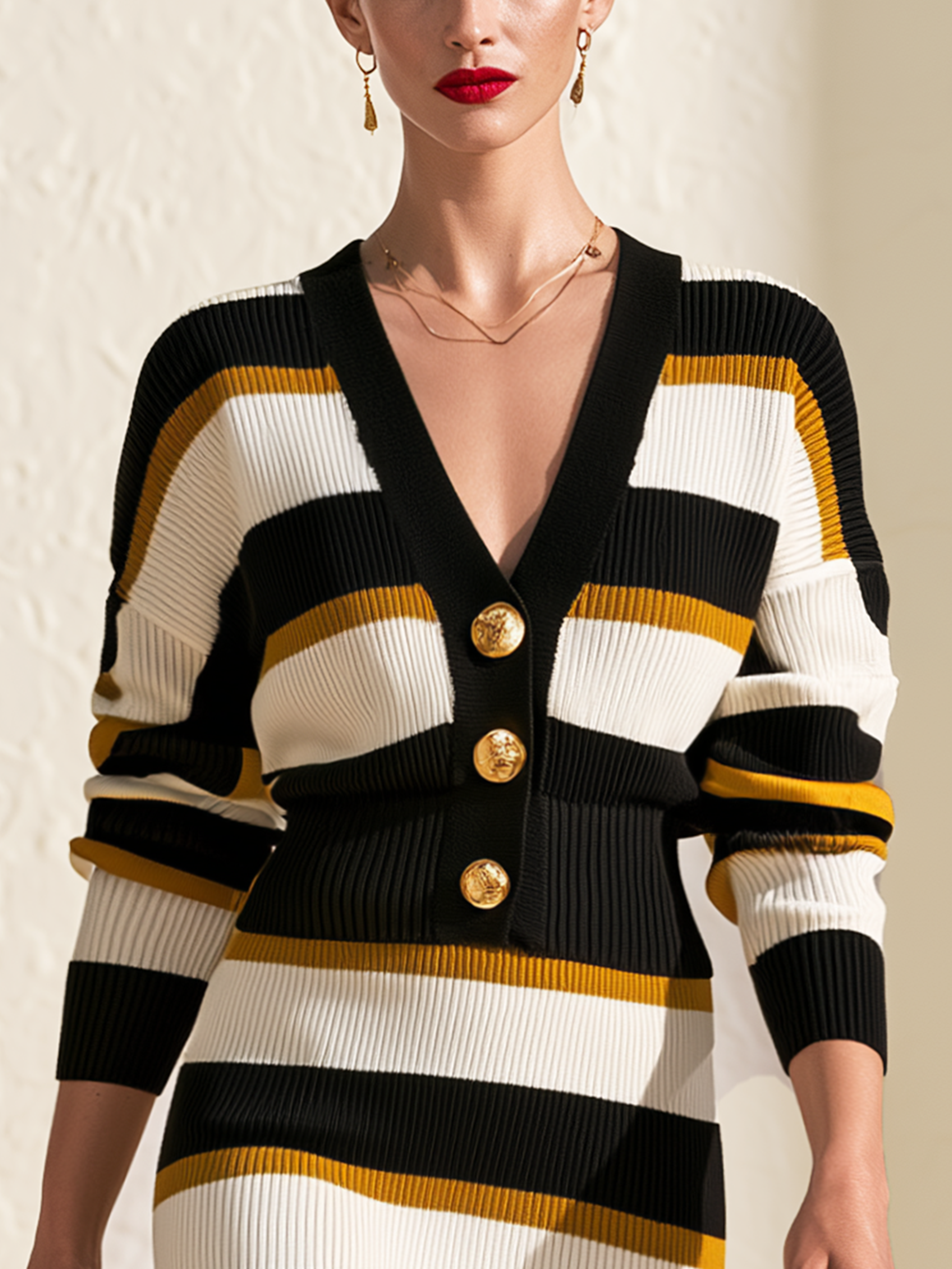 Black‑Mustard‑White Striped V‑Neck Waisted Cropped Knit Cardigan