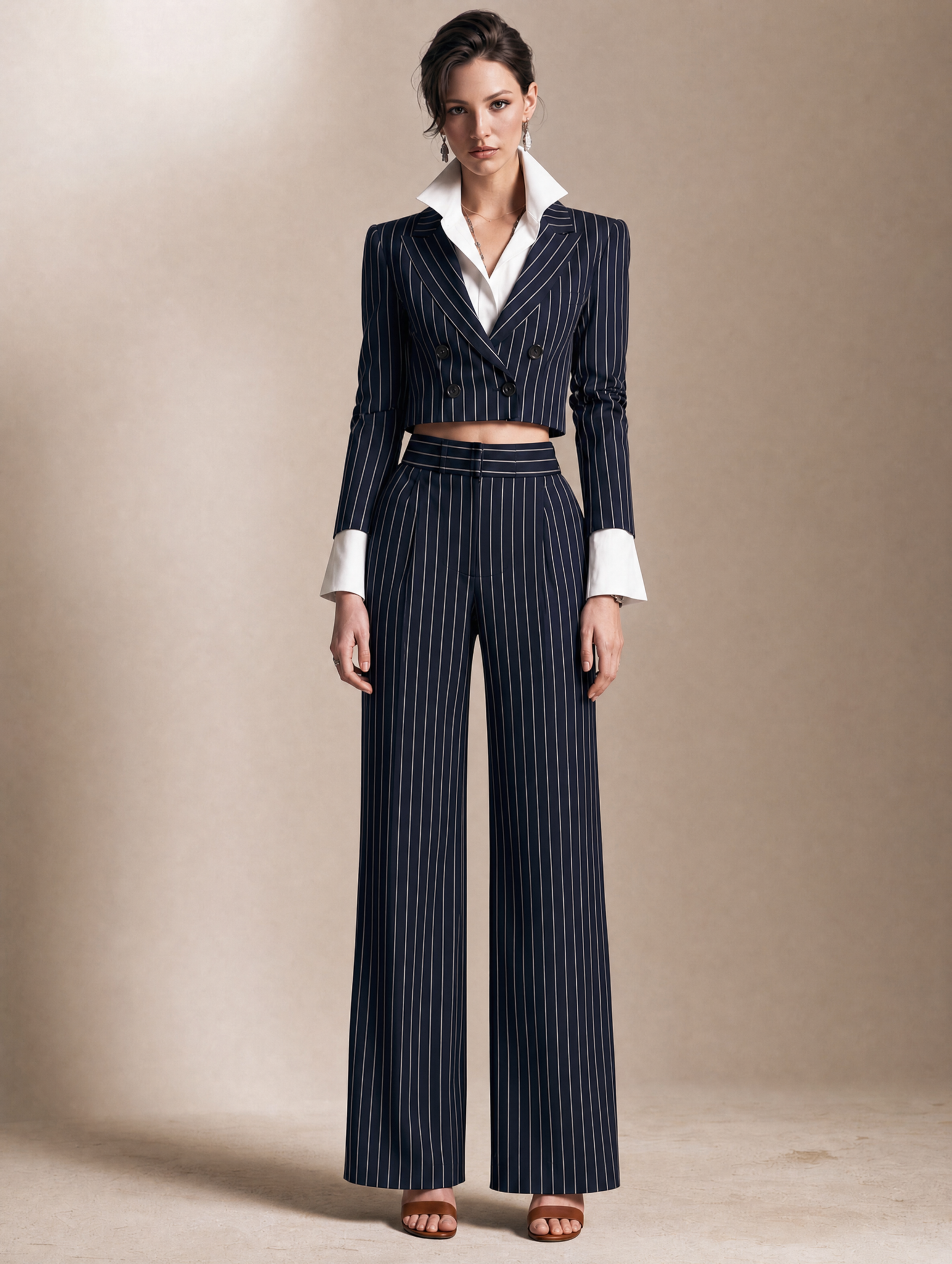 Elegant Black Pinstriped Jacket And Trousers Set With A Faux-layered Design