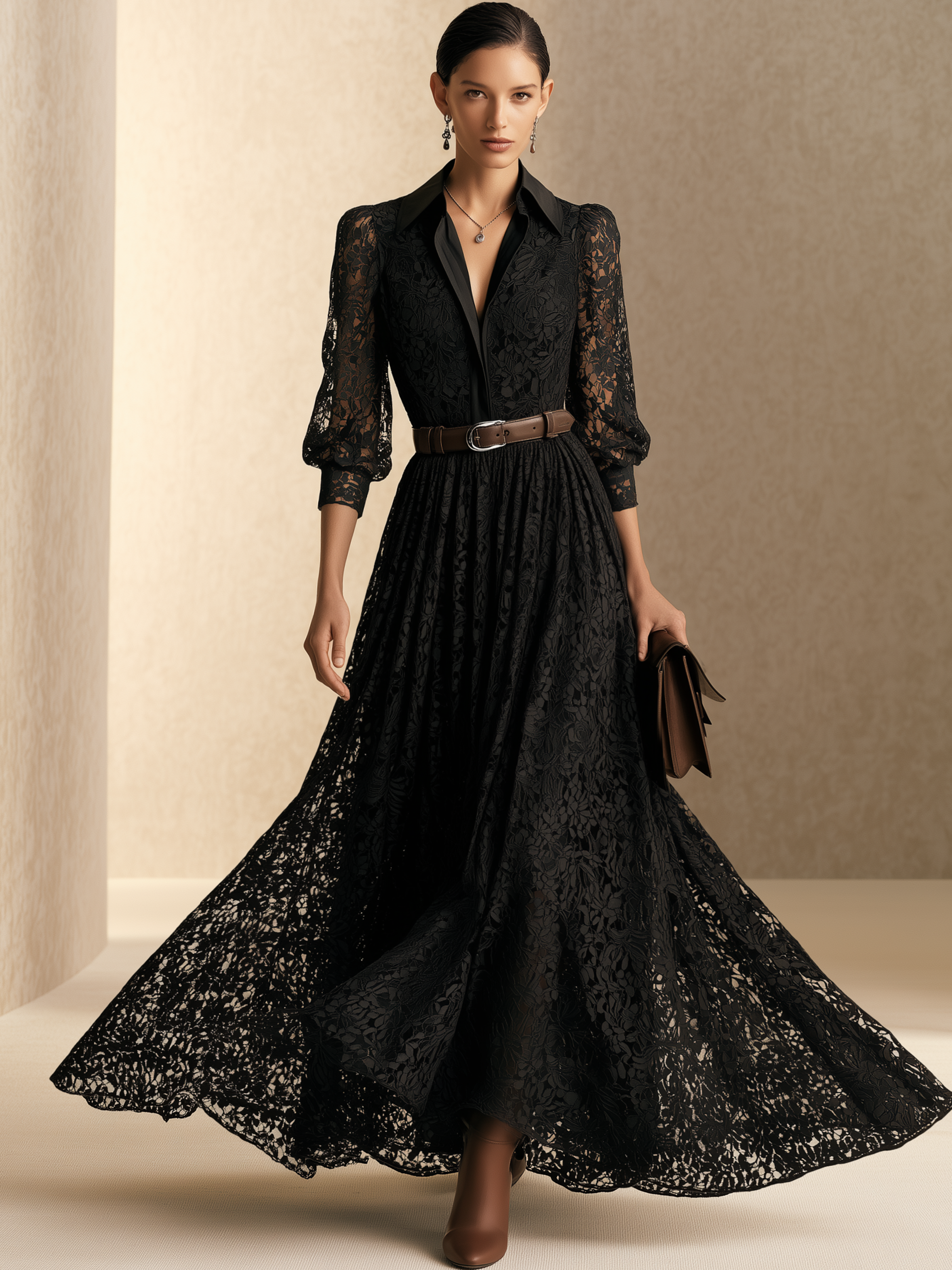 Black Lace Collared Belted Bubble‑Sleeve Maxi Dress