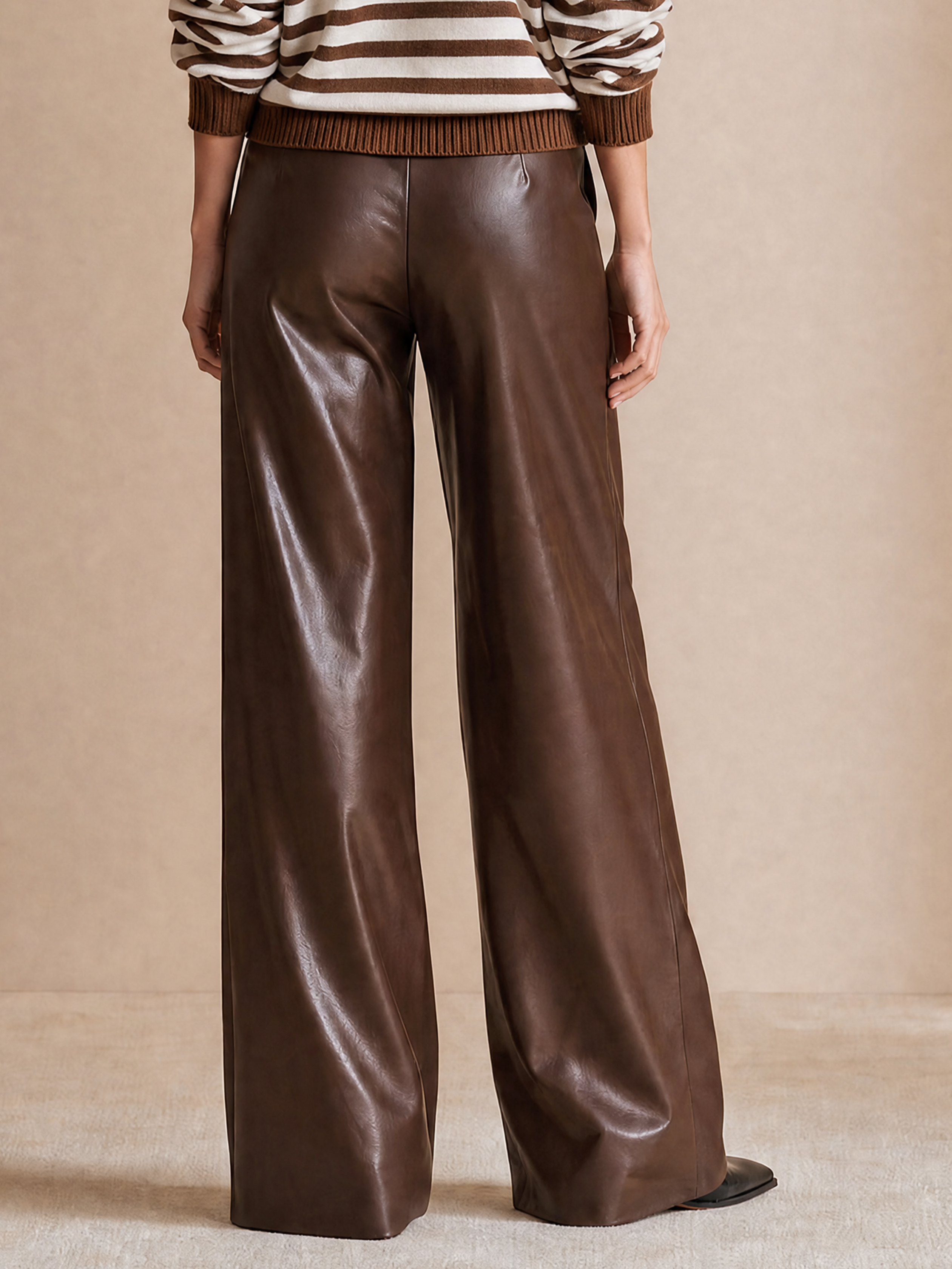 Elegant Chocolate Brown Leather Wide-Leg Pants