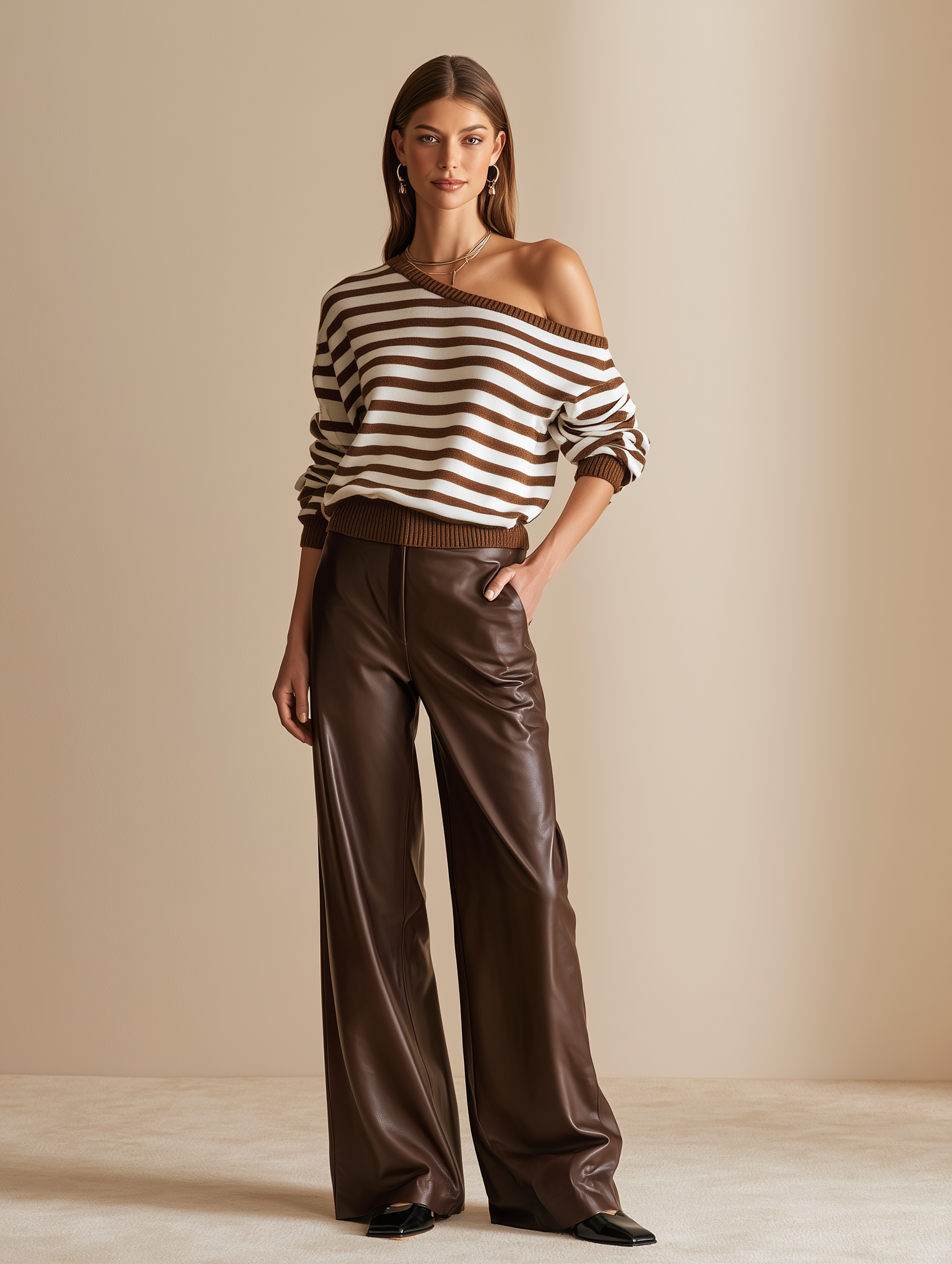 Elegant Chocolate Brown Leather Wide-Leg Pants