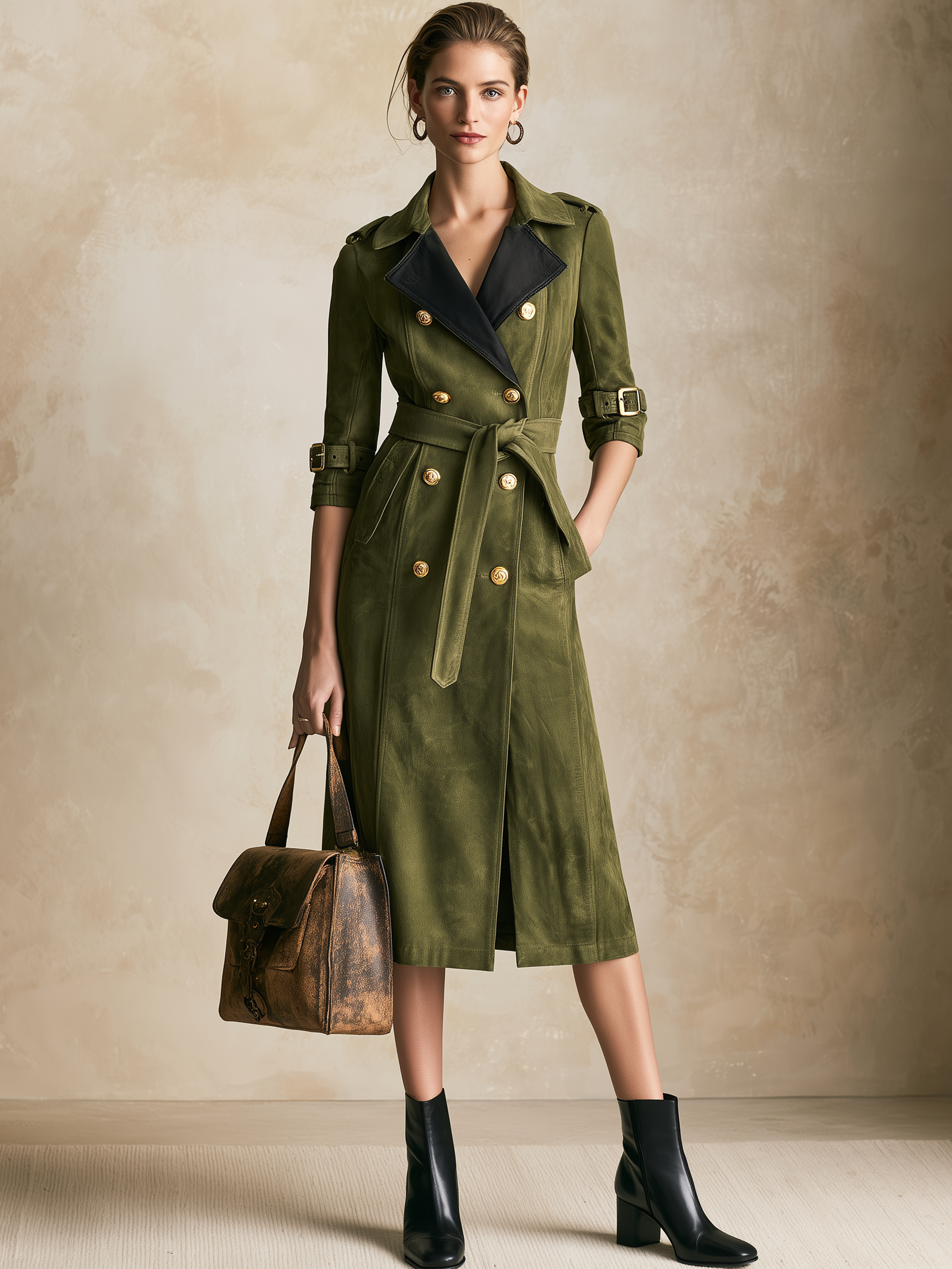 Army‑Green Contrast‑Lapel Double‑Breasted Belted Trench‑Style Midi Dress