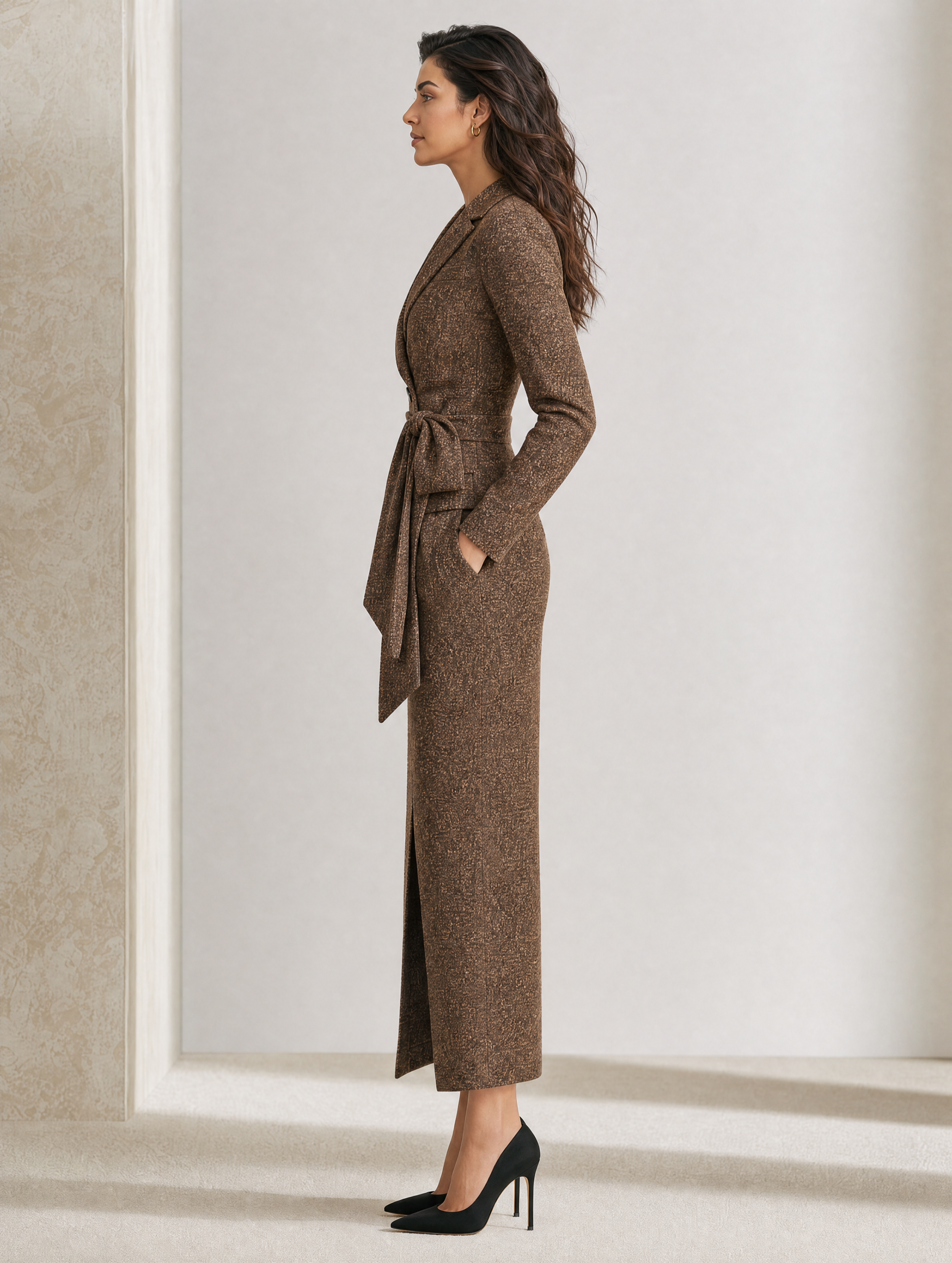 Elegant Brown Mixed-Weave Wool-Blend Blazer And Skirt Set